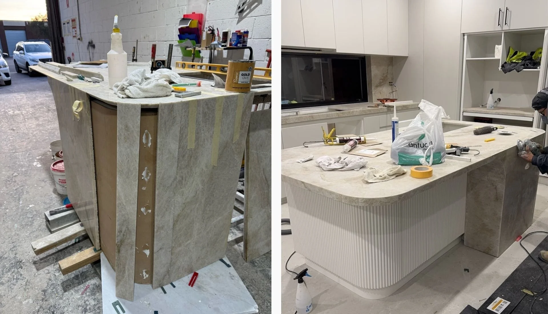 Skilled installation of marble kitchen countertops in a Malaysia home focusing on precise joint alignment and edge detailing.