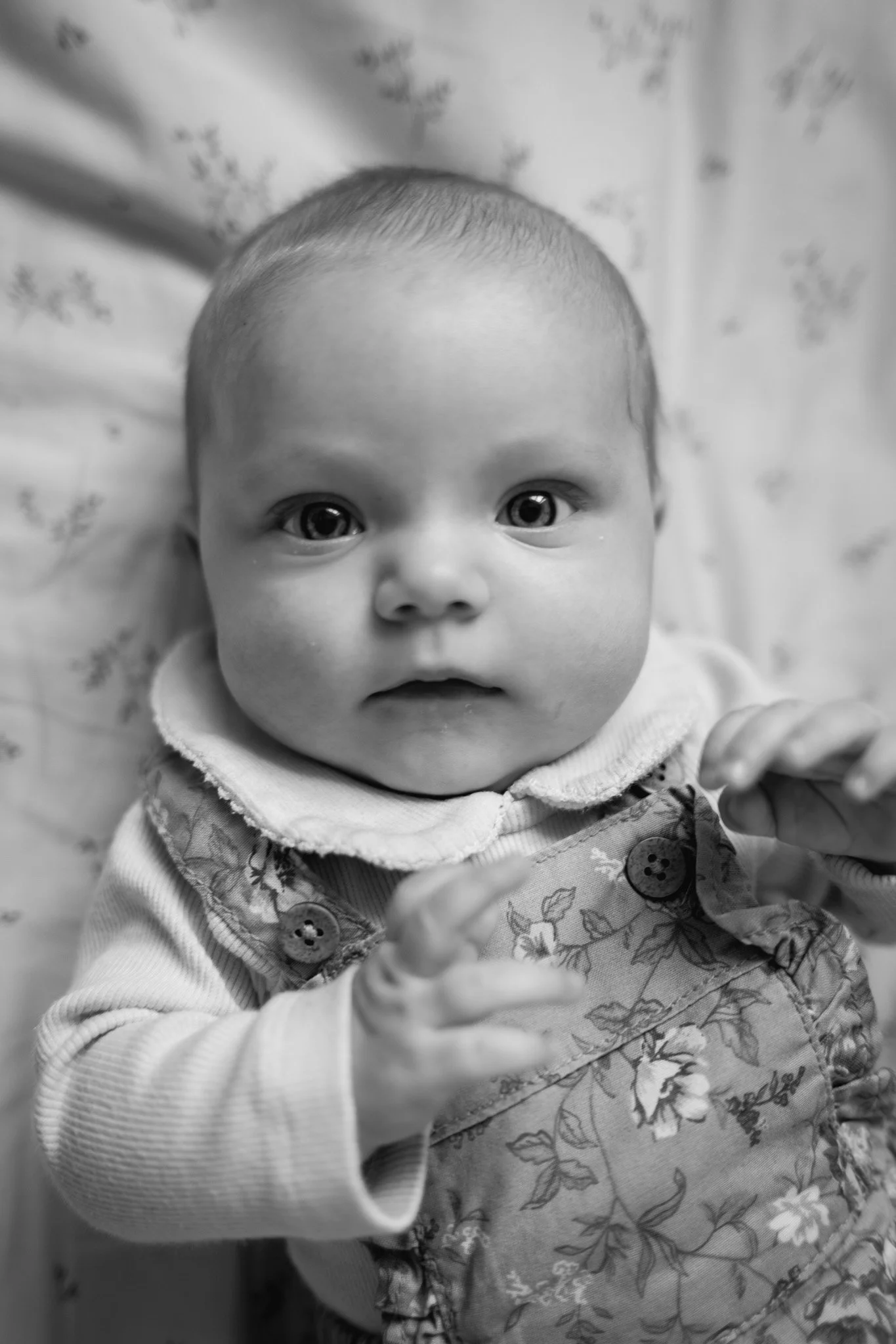 Svartvitt foto av en bebis med stora ögon, klädd i en randig långärmad tröja och en vadderad overall med blommönster, som ligger på en bädd med mönstrat tyg.