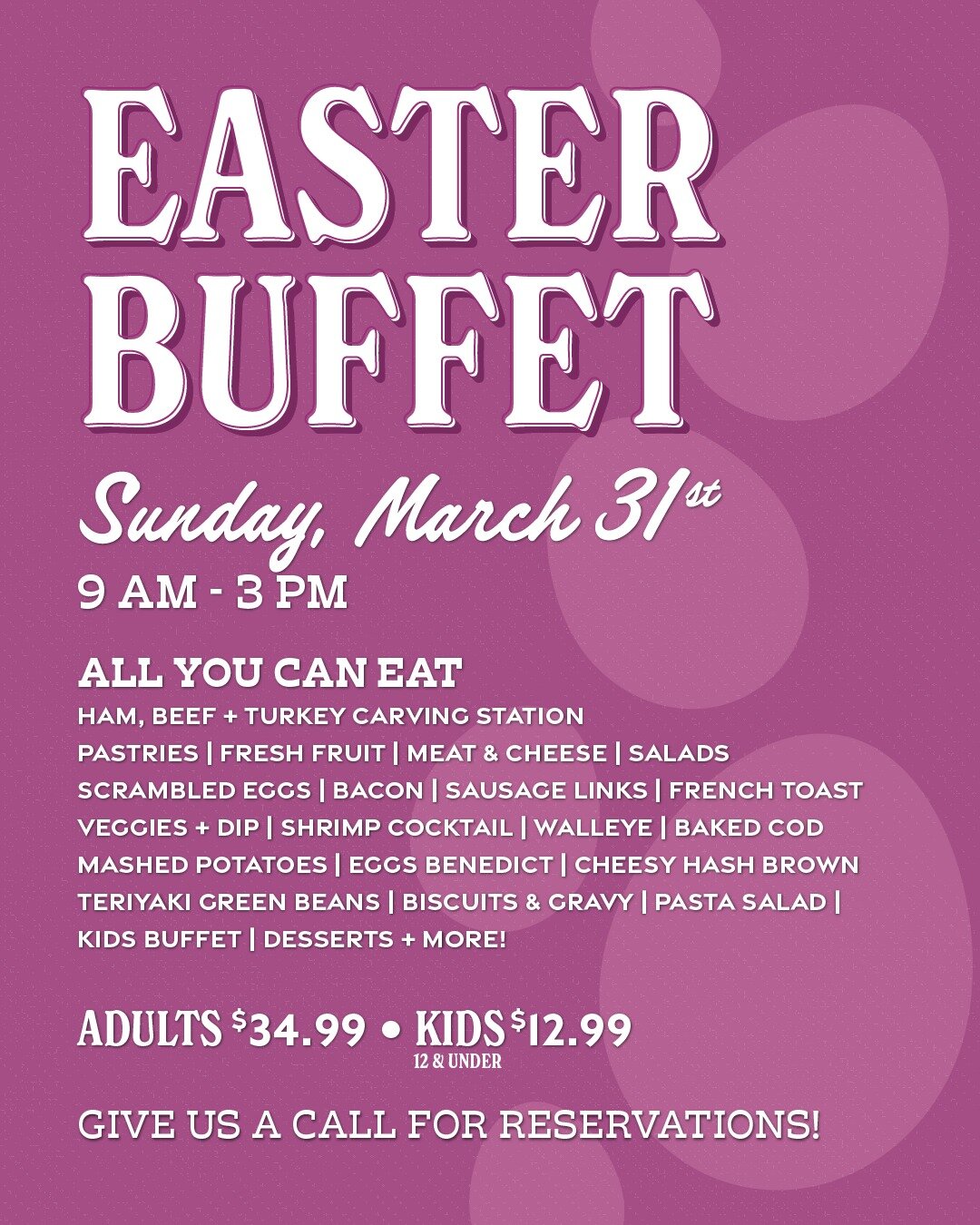 Coming up at the end of the month, Lucky's is hosting our annual all-you-can-eat Easter buffet for the whole family! 🐰

Enjoy a meat carving station, along with breakfast favorites like biscuits &lsquo;n&rsquo; gravy, French toast, bacon, sausage, a