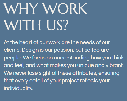 Why work with Us? Interior Design web page with blue background