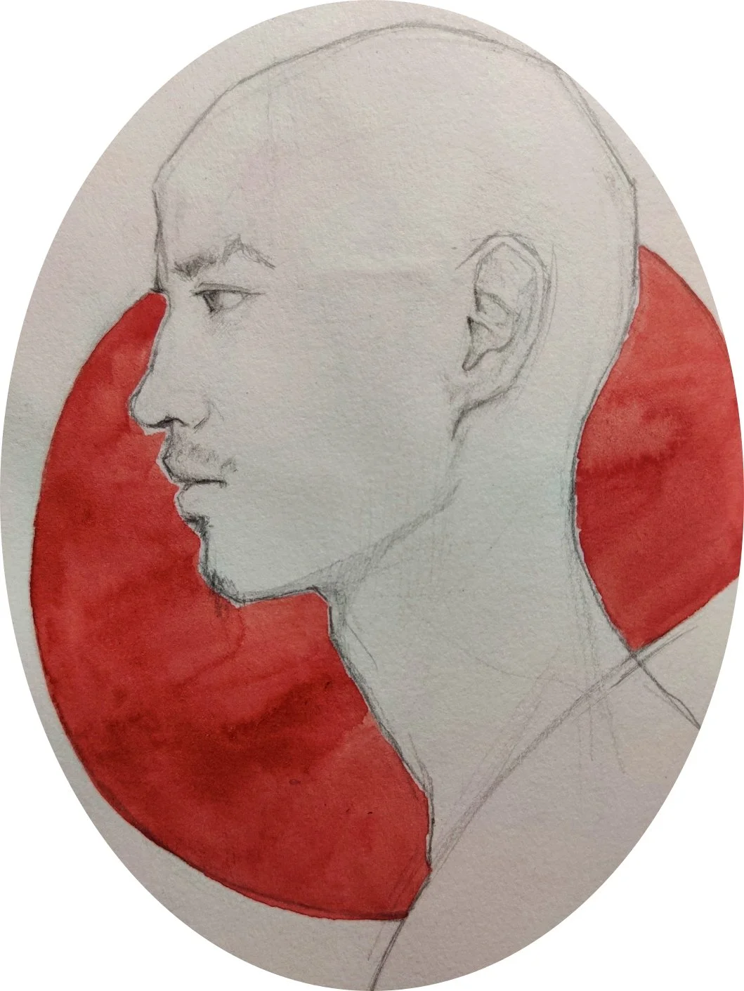 Dessin d'un profil d'homme nuancé avec une touche de rouge en arrière-plan.