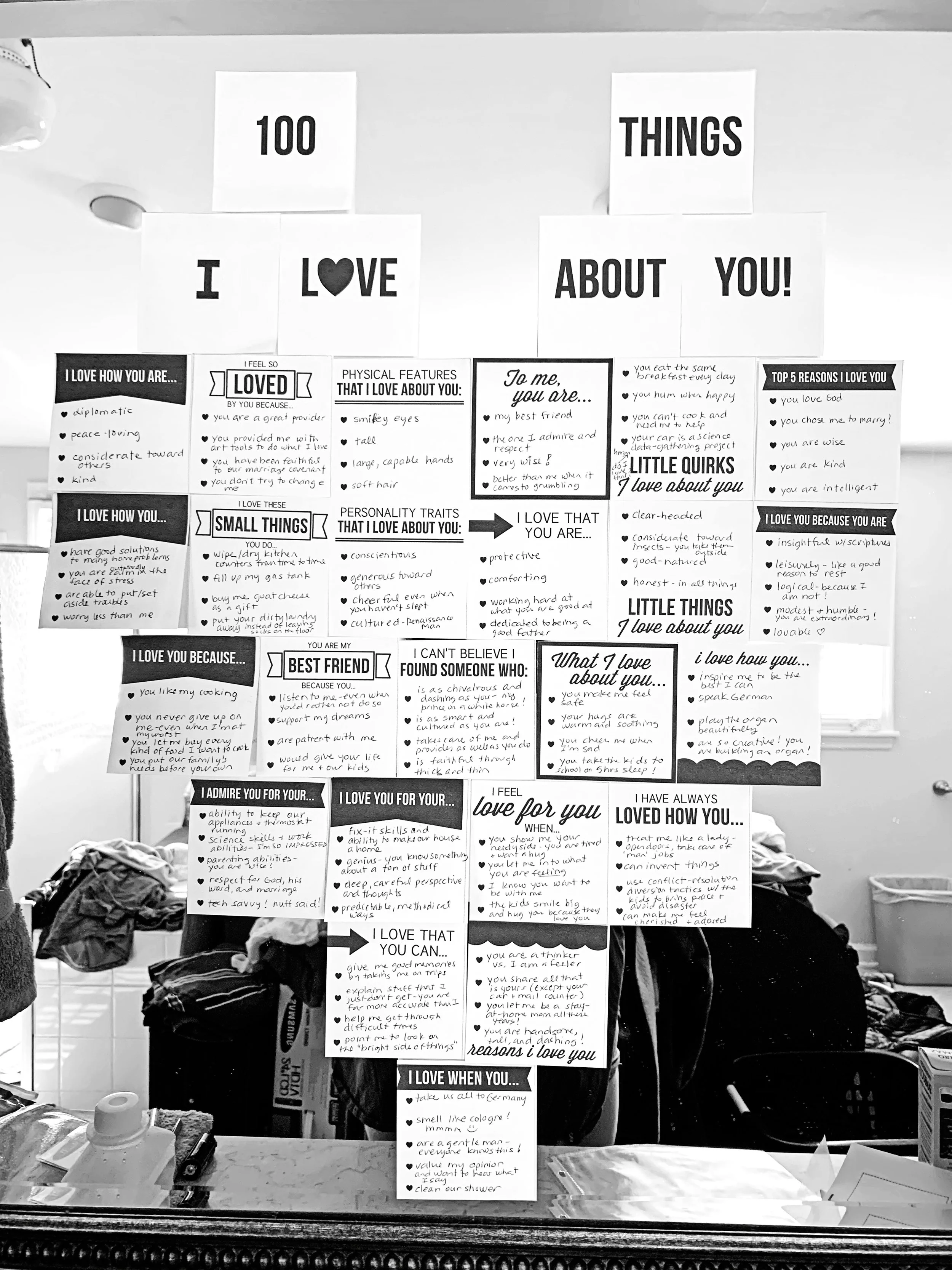 Post-It Notes on Bathroom Mirror to say I Love You