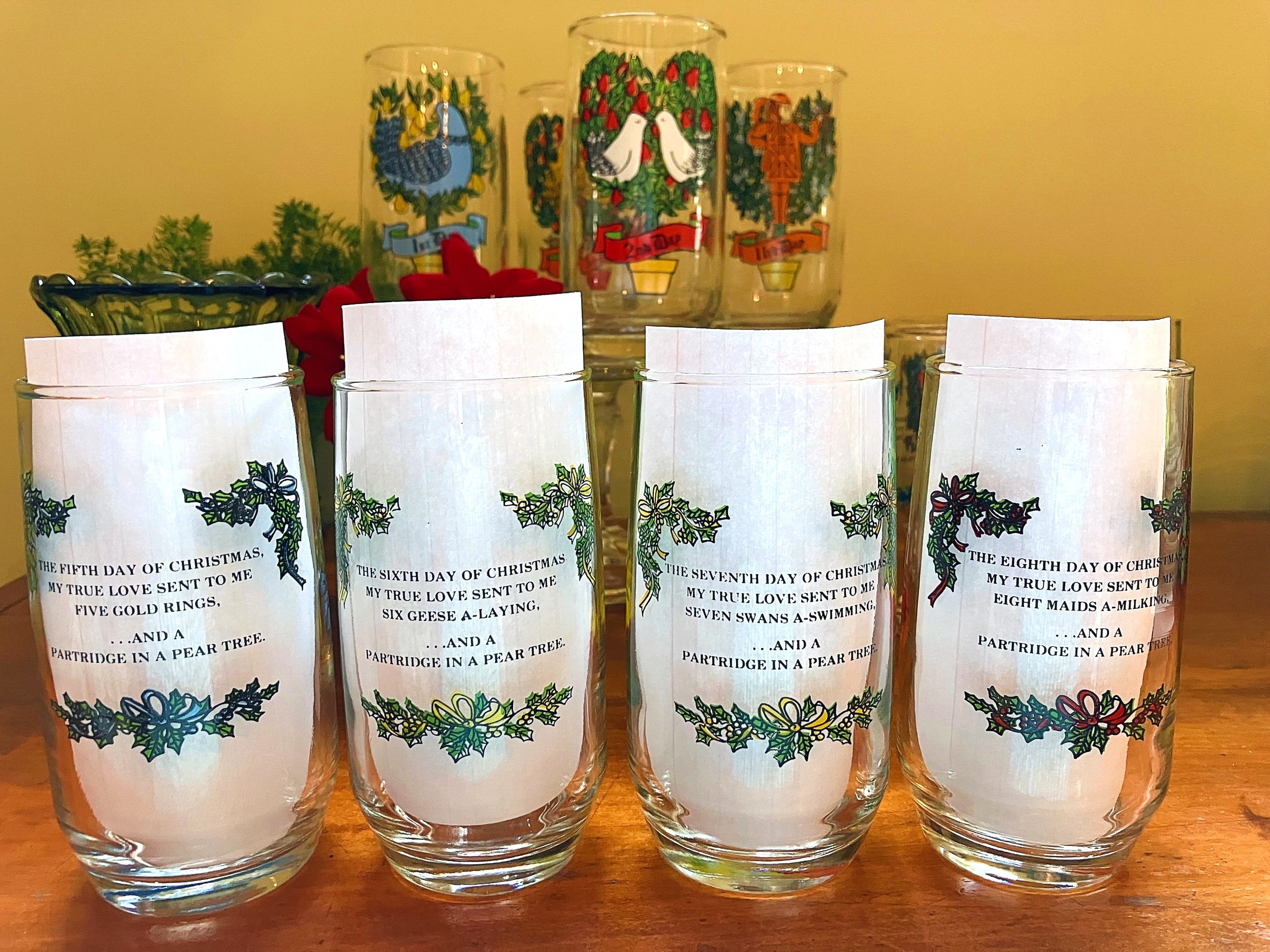Vintage Set of 12 Indiana Glass Twelve Days of Christmas Drinking Glasses  American Glass 12 Ounce Beverage Tumblers 
