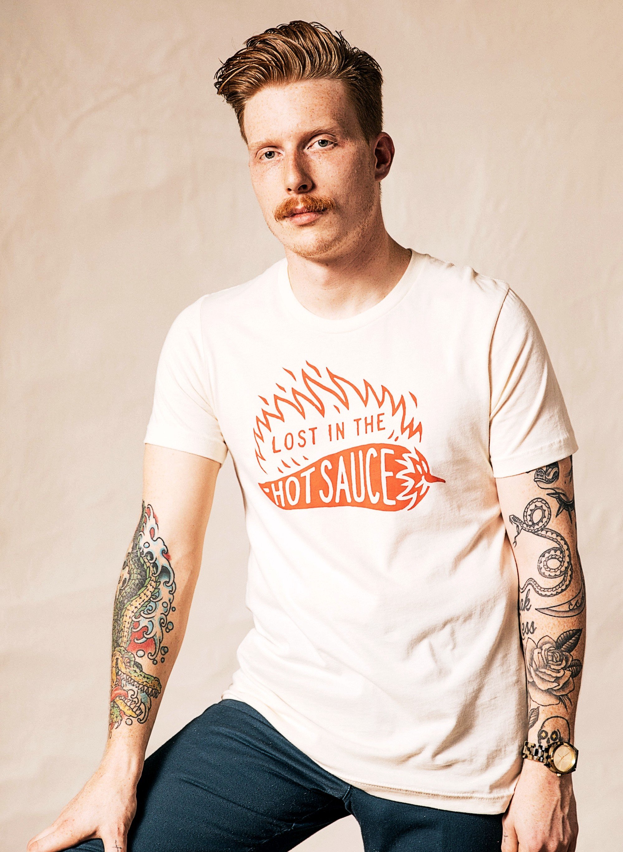Lost-In-The-Hot-Sauce-Tee-Craft-Hot-Sauce-Tee-Hot-Stuff-For-Hot-Mamas-Spice-of-Life-T-Shirt-Hand-Screen-Printed-In-USA-Eco-Friendly-Ink-by-Pyknic