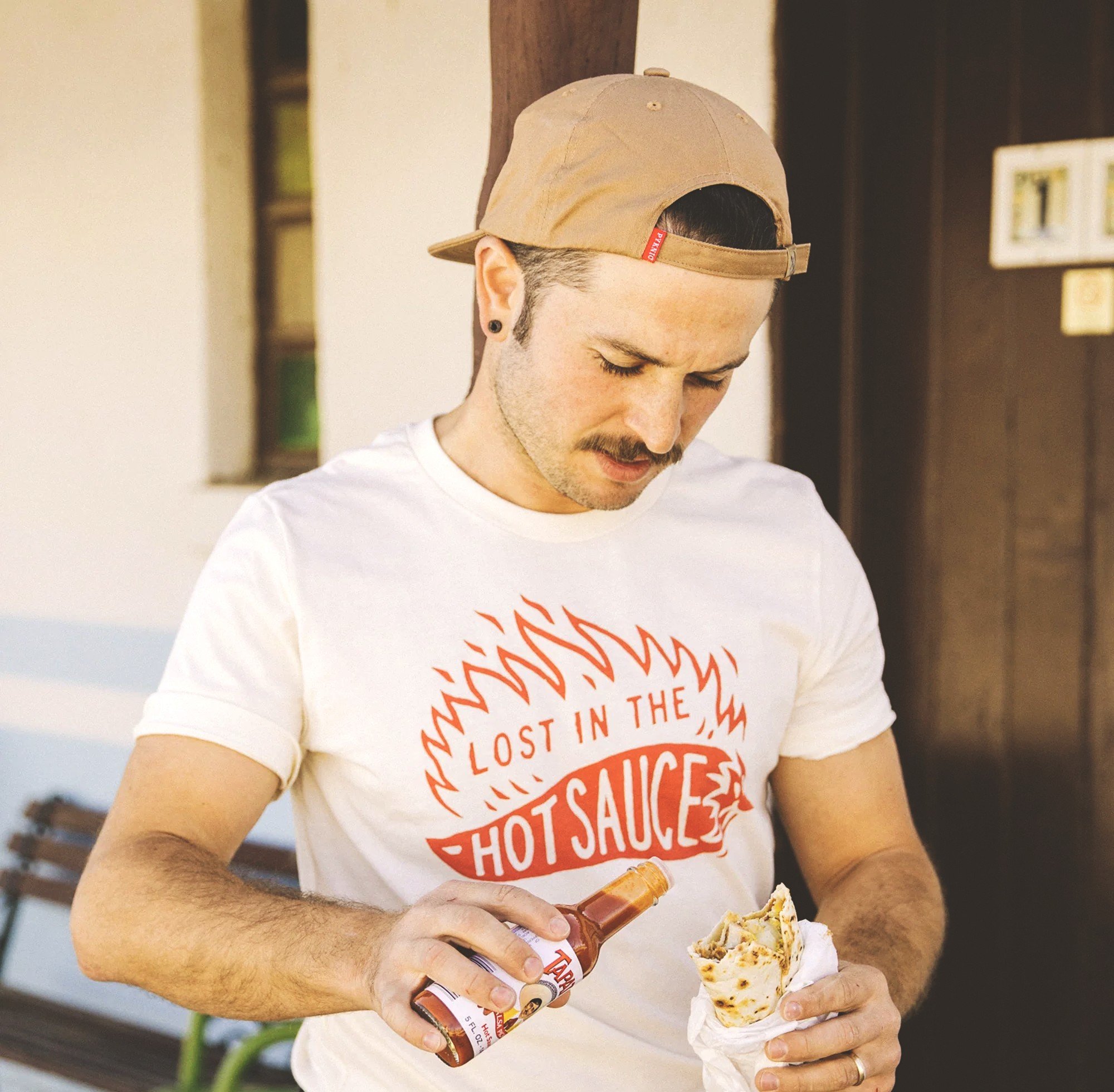 Lost-In-The-Hot-Sauce-Tee-Craft-Hot-Sauce-Tee-Hot-Stuff-For-Hot-Mamas-Spice-of-Life-T-Shirt-Hand-Screen-Printed-In-USA-Eco-Friendly-Ink-by-Pyknic
