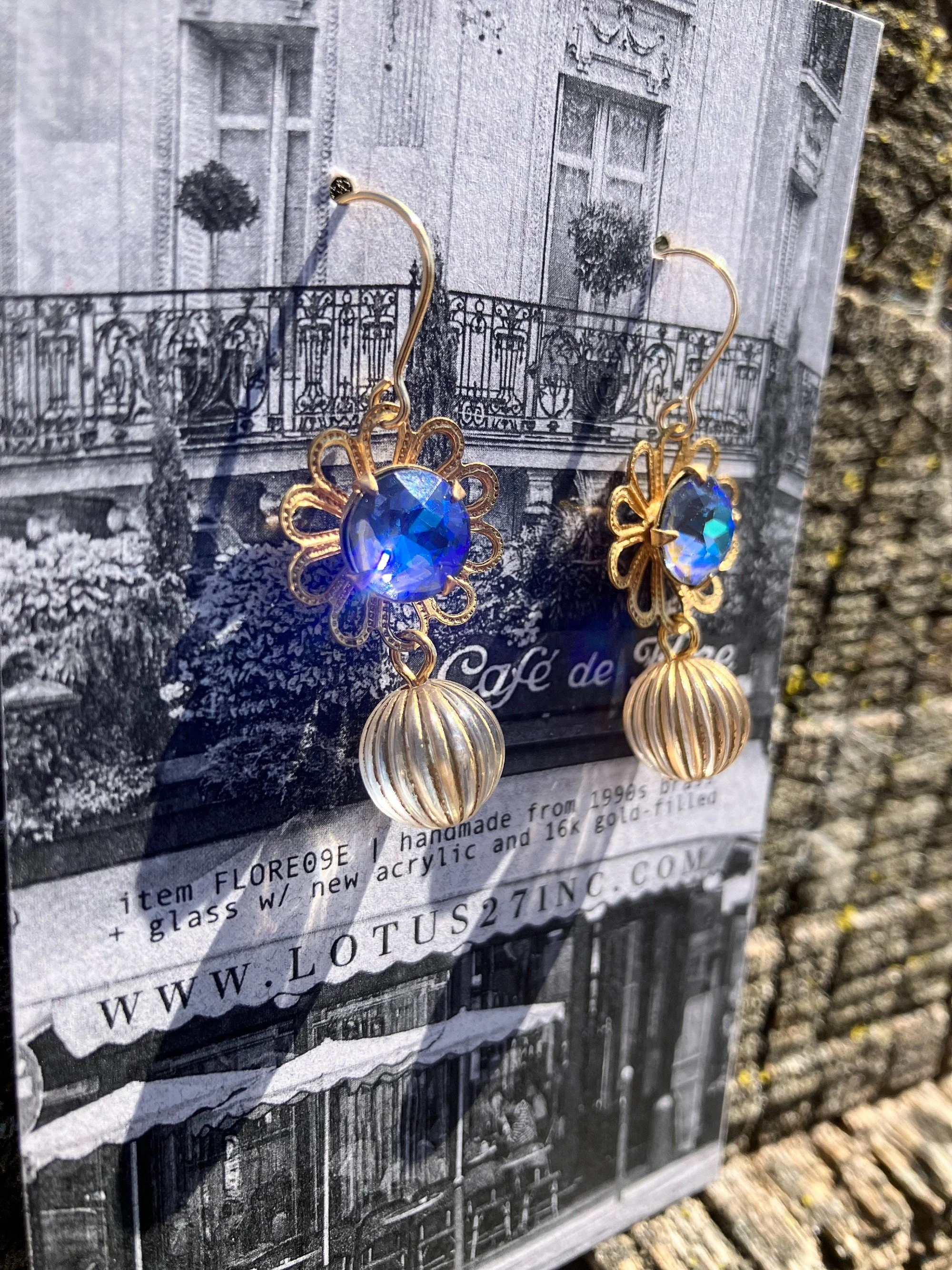 Floral Drop Luxury Handmade Earrings | 1990s Iridescent Blue Crystal + Brass w/ New Acrylic + Gold Filled Modern Heirloom Jewelry