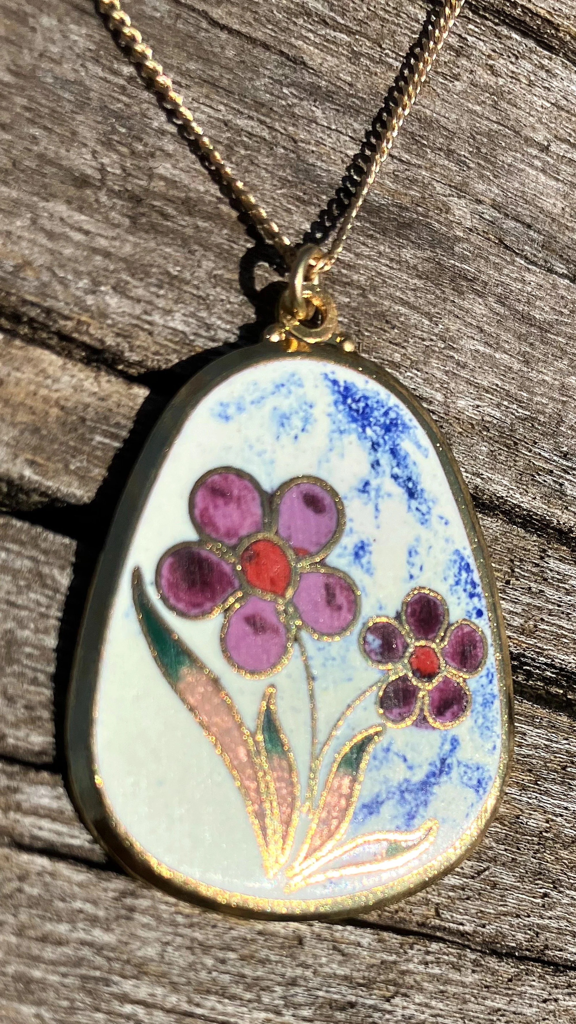 Enchanting 1970's Cloisonné Floral Pendant Necklace w/ Vintage Lanvin Paris Gold Filled Chain