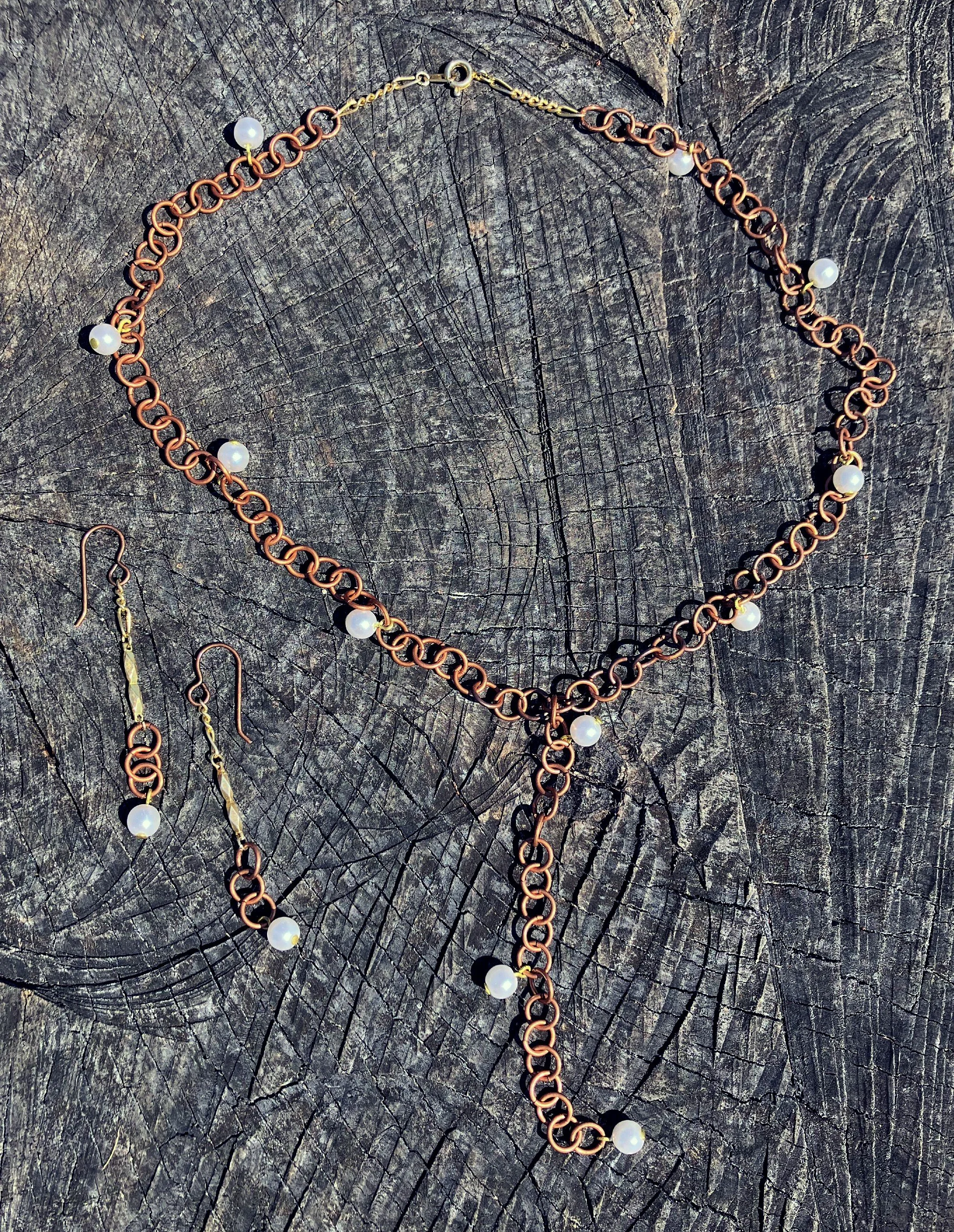 Artist Made Bridal Lariat Necklace & Earrings | Mid-Century Modern Vintage Japanese Chain, Glass Pearls, Upcycled Brass | Luxury Handmade Heirloom Jewelry