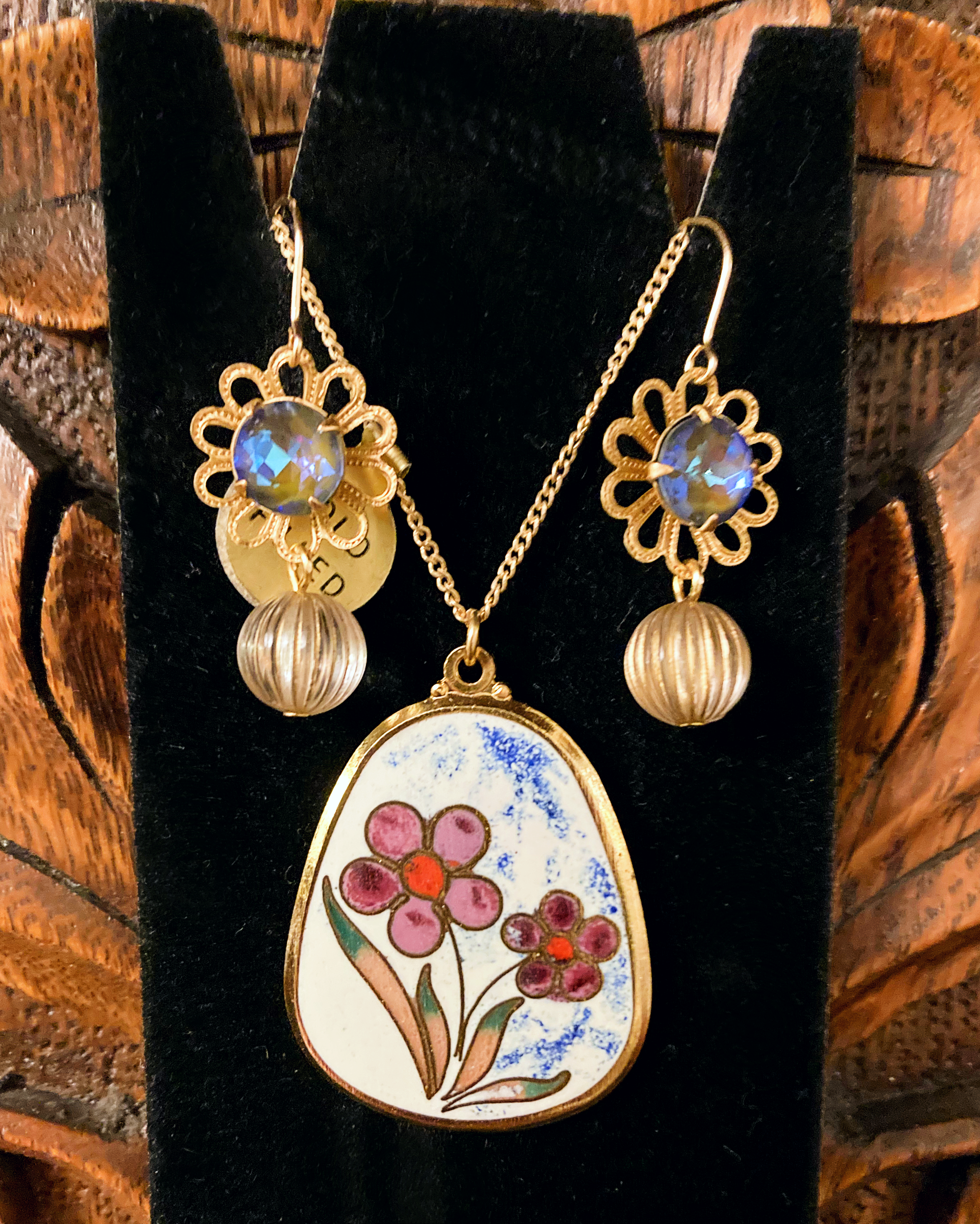 Enchanting 1970's Cloisonné Floral Pendant Necklace w/ Vintage Lanvin Paris Gold Filled Chain
