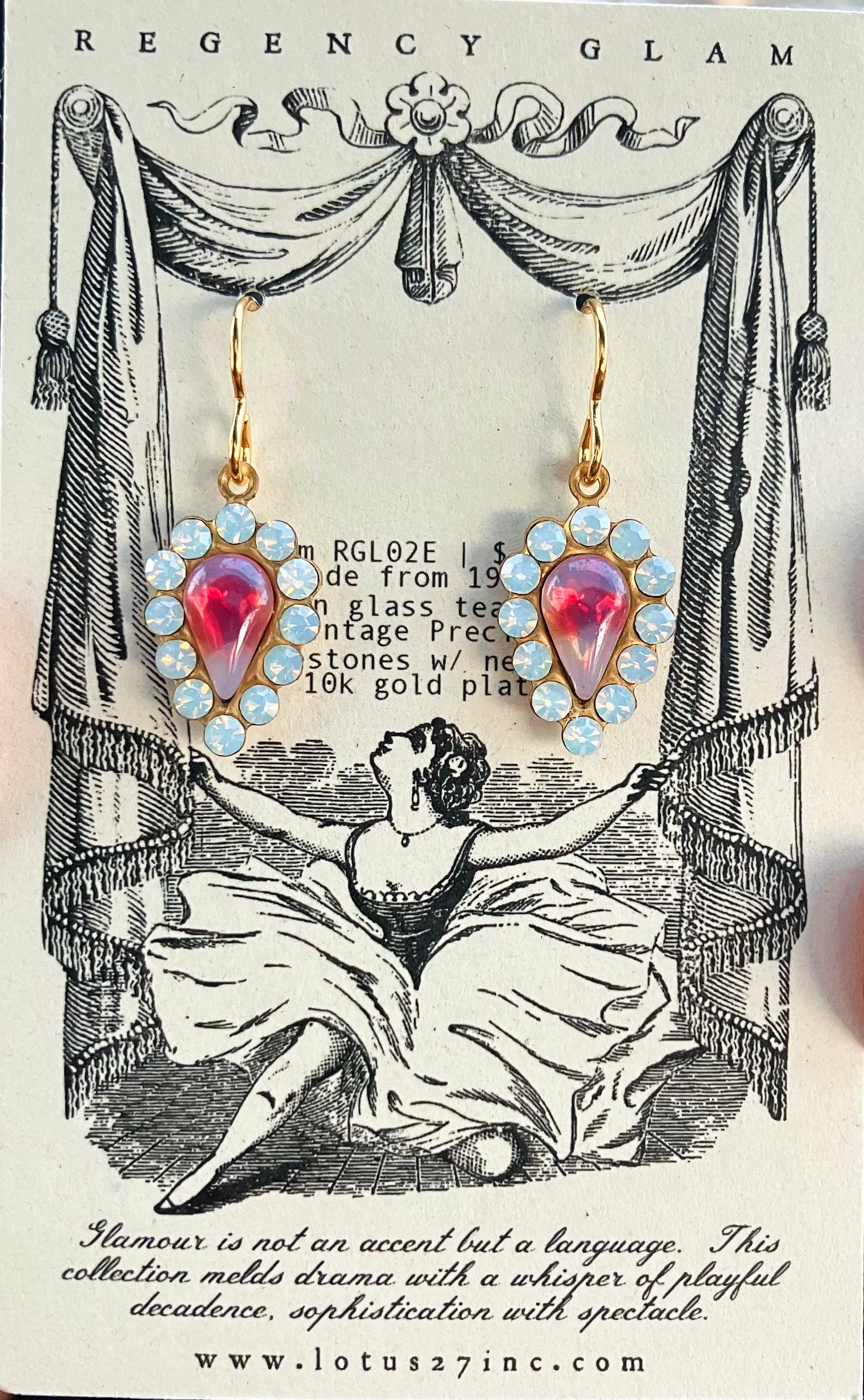 Regency Glam Earrings with Mid Century Milky Red Stones and Sparkling Preciosa Rhinestones Heirloom Opulence for Grand Events and Every Day Joy