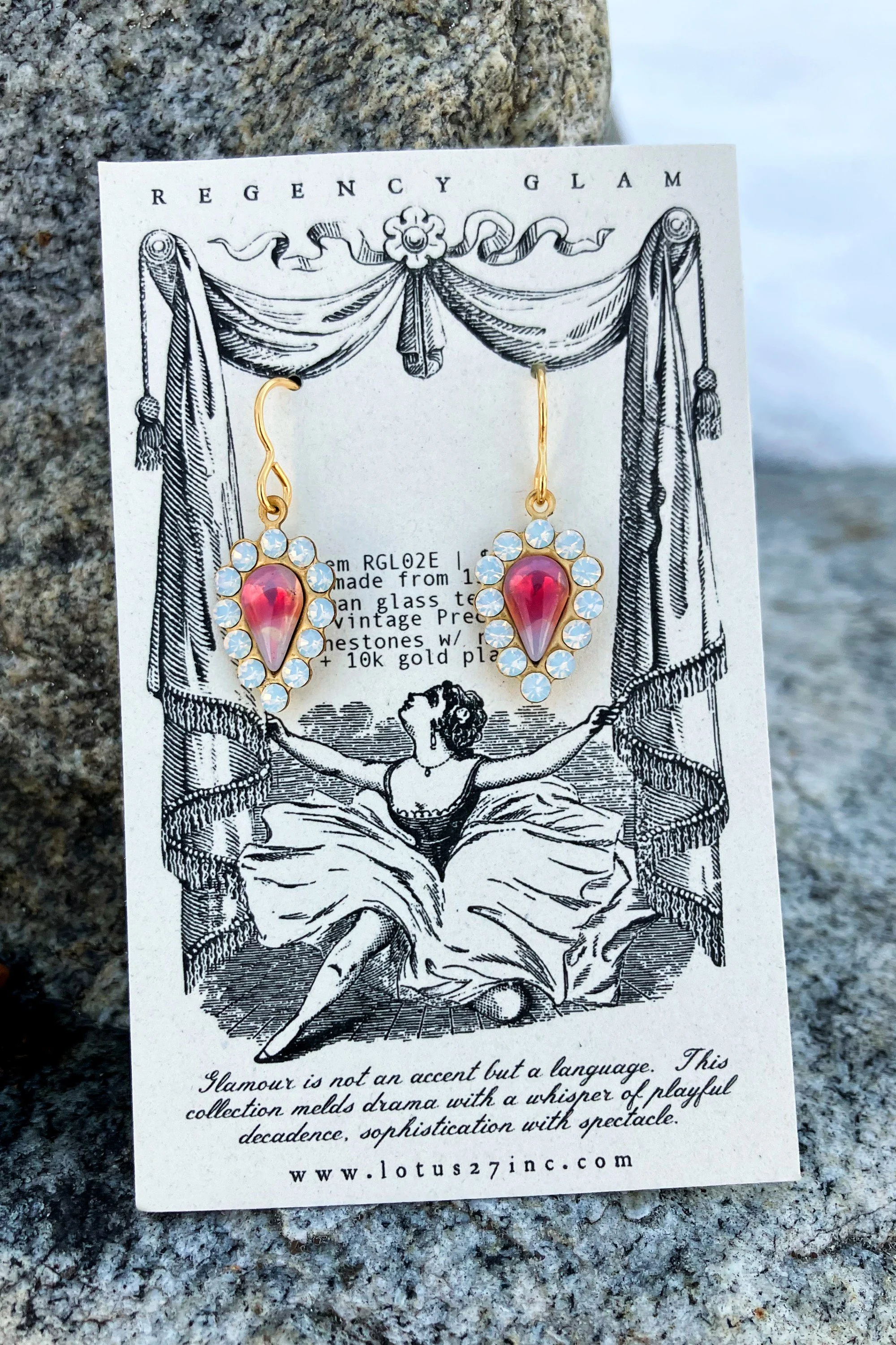 Regency Glam Earrings with Mid Century Milky Red Stones and Sparkling Preciosa Rhinestones Heirloom Opulence for Grand Events and Every Day Joy