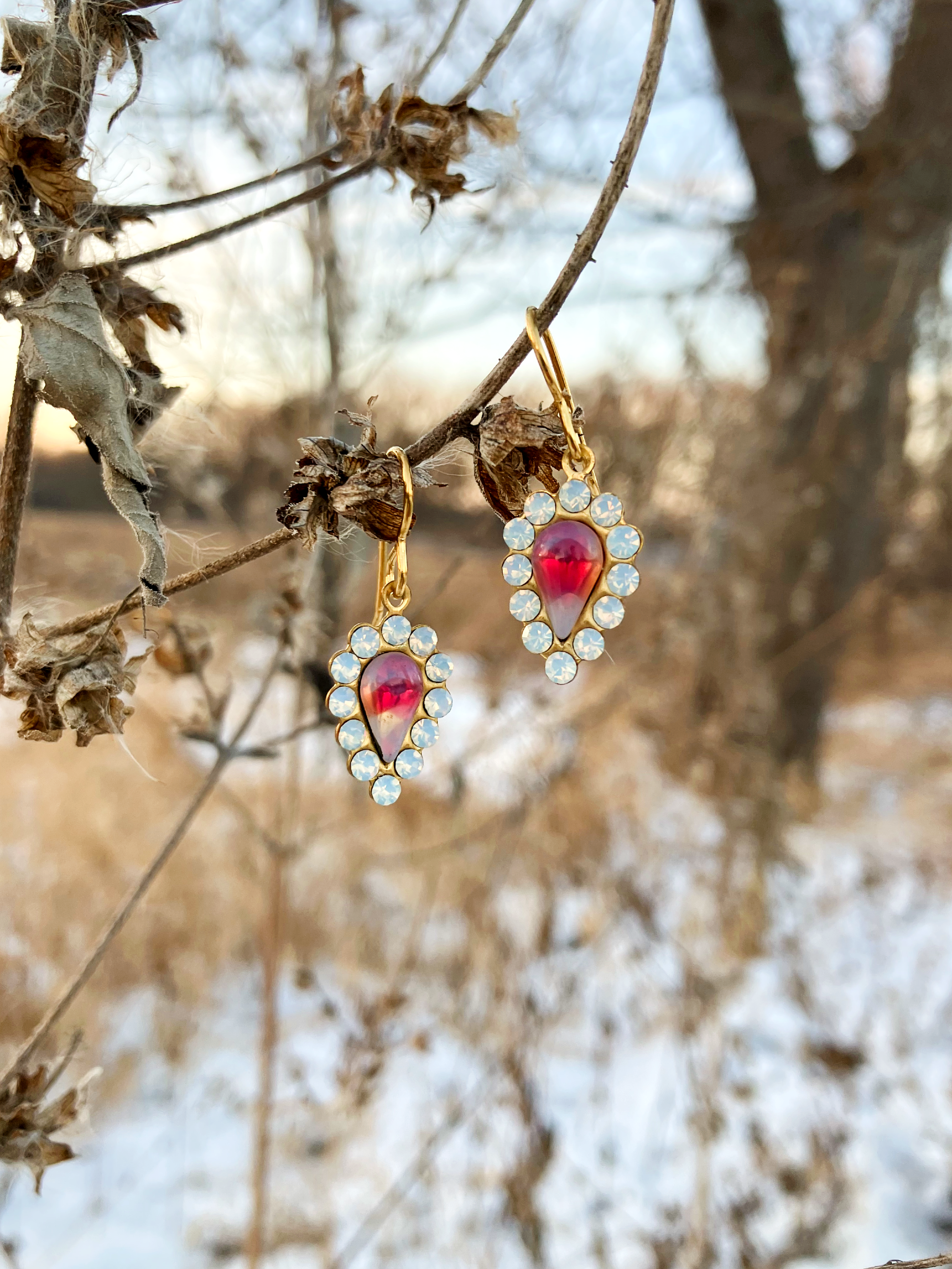 Regency Glam Earrings with Mid Century Milky Red Stones and Sparkling Preciosa Rhinestones Heirloom Opulence for Grand Events and Every Day Joy