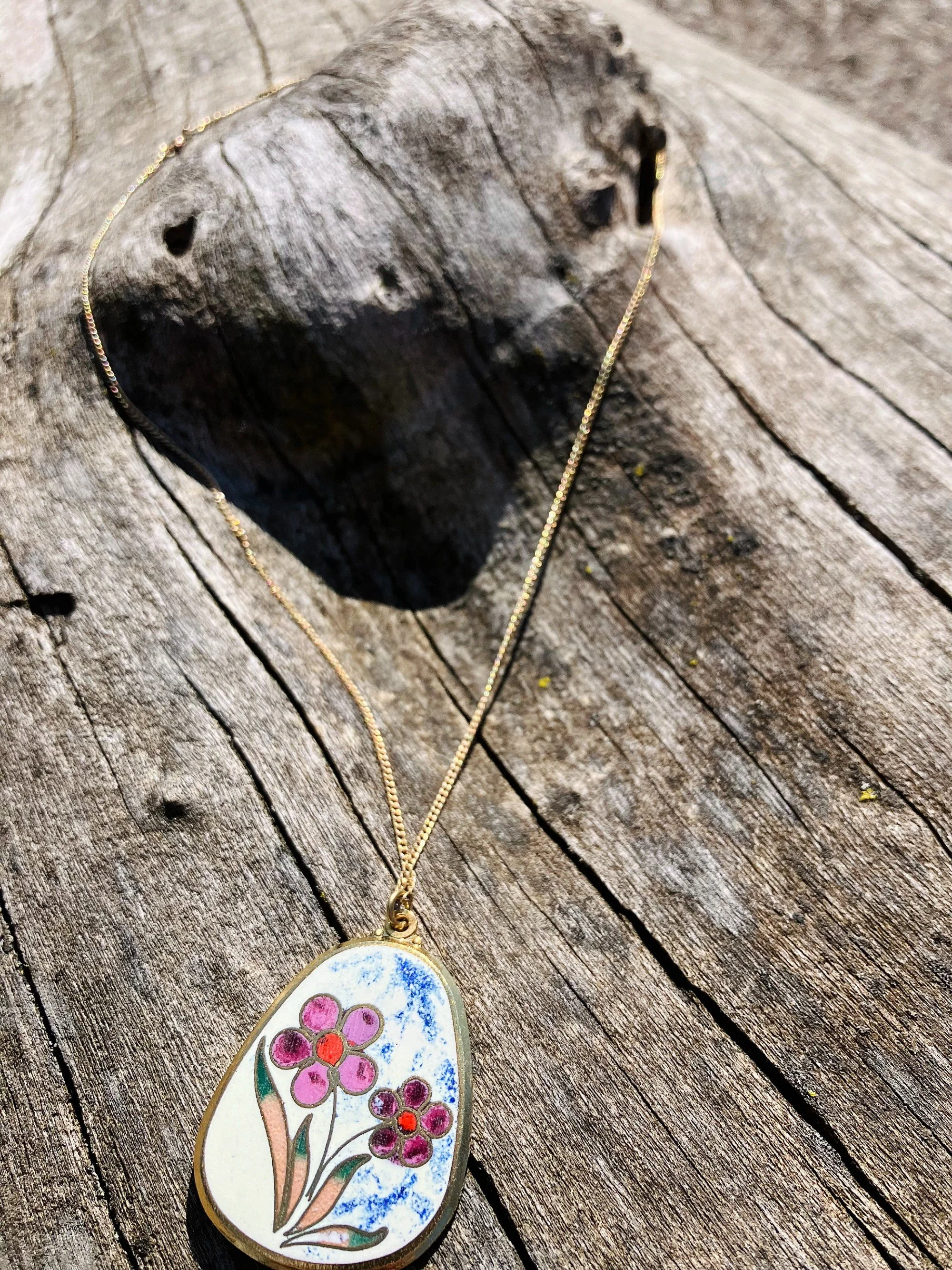 Enchanting 1970's Cloisonné Floral Pendant Necklace w/ Vintage Lanvin Paris Gold Filled Chain