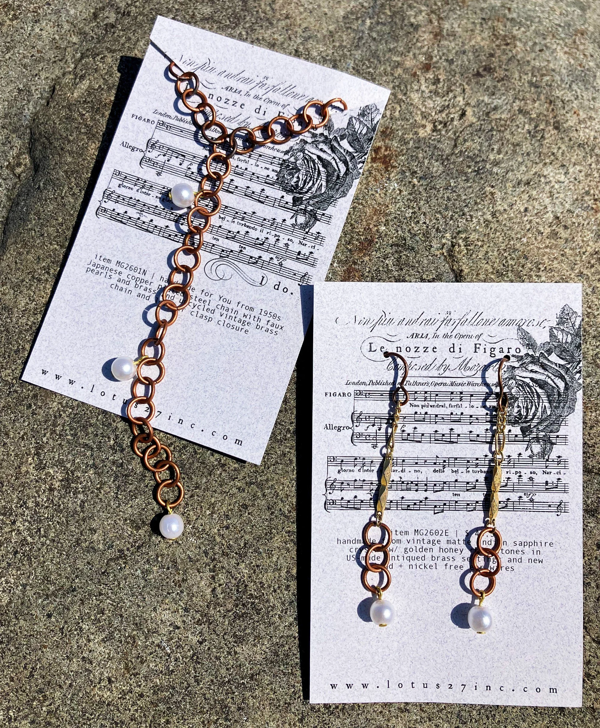 Artist Made Bridal Lariat Necklace & Earrings | Mid-Century Modern Vintage Japanese Chain, Glass Pearls, Upcycled Brass | Luxury Handmade Heirloom Jewelry