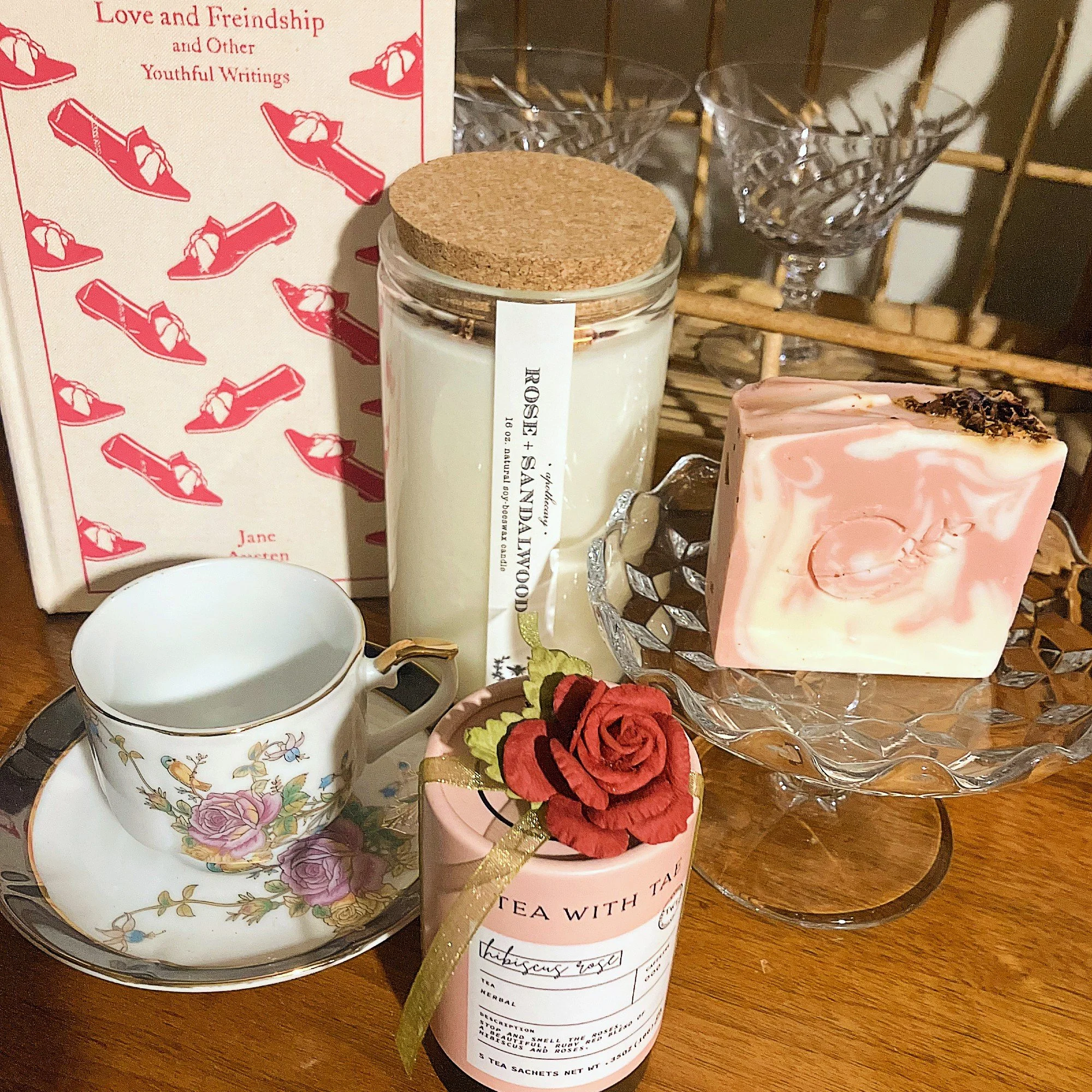 Eco Luxury Rose Spa Gift | Apothecary Candle, Artisan Soap,  Tea + 1950s Teacup, Jane Austen Love & Friendship Book—an elegant, sustainable self-care ritual