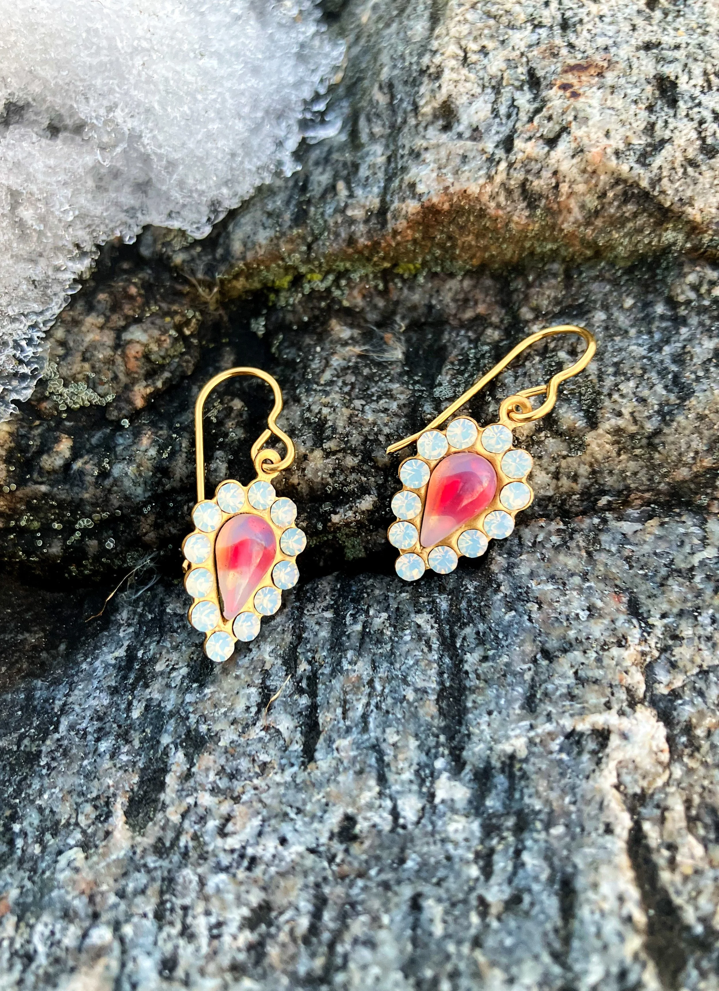 Regency Glam Earrings with Mid Century Milky Red Stones and Sparkling Preciosa Rhinestones Heirloom Opulence for Grand Events and Every Day Joy