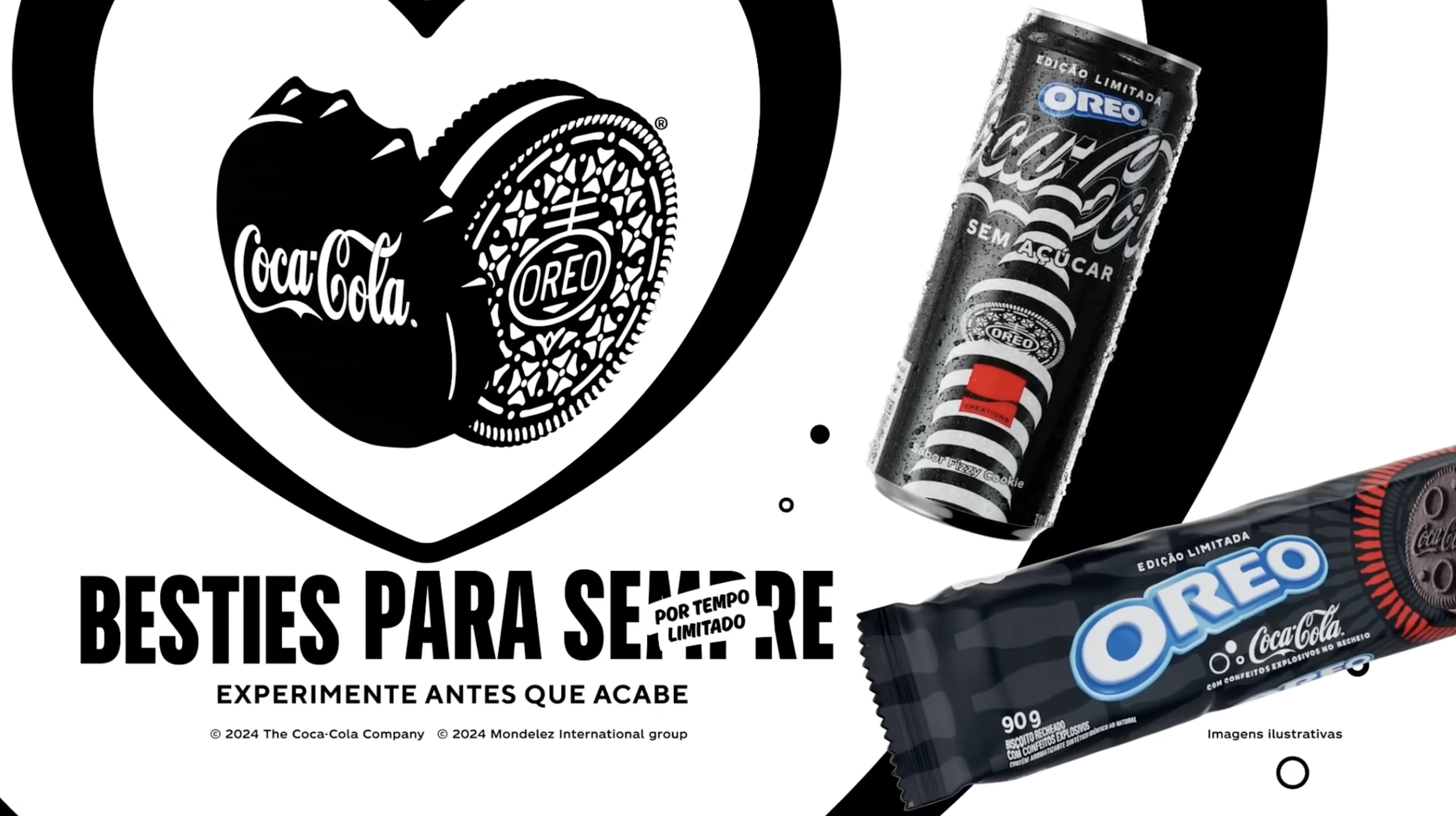 Imagem promocional de produtos Oreo com edição limitada Coca-Cola. O texto incentiva experimentar antes que acabe, destacando que são biscoitos recheados com confeitos explosivos.