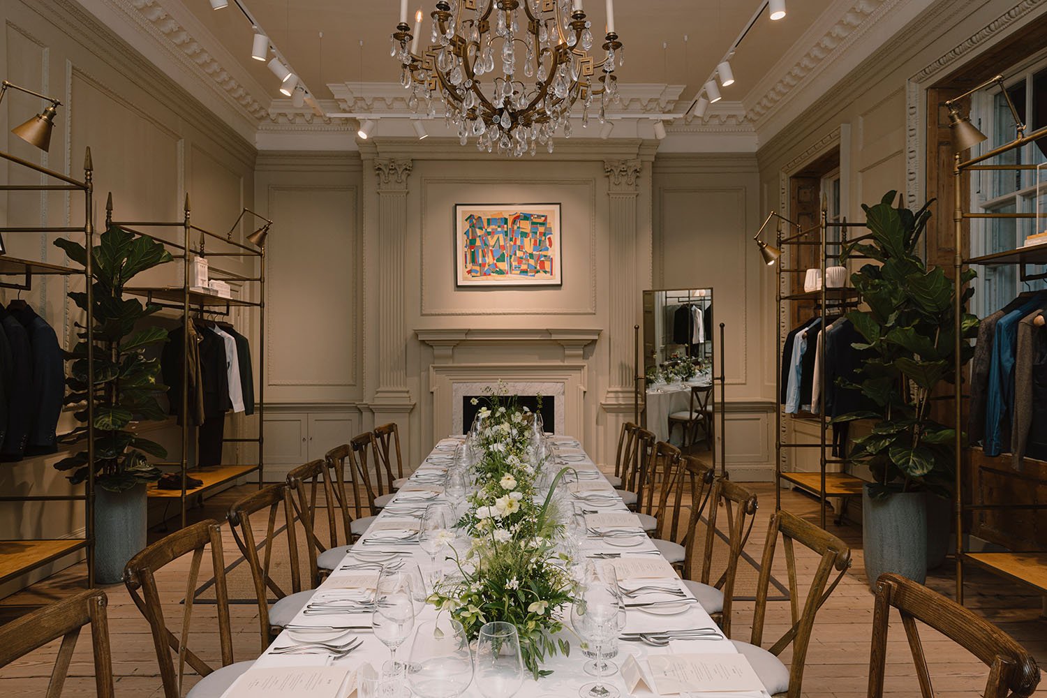 Table flowers in green and whites for Brand SS24 PR event Hackett 1.jpg