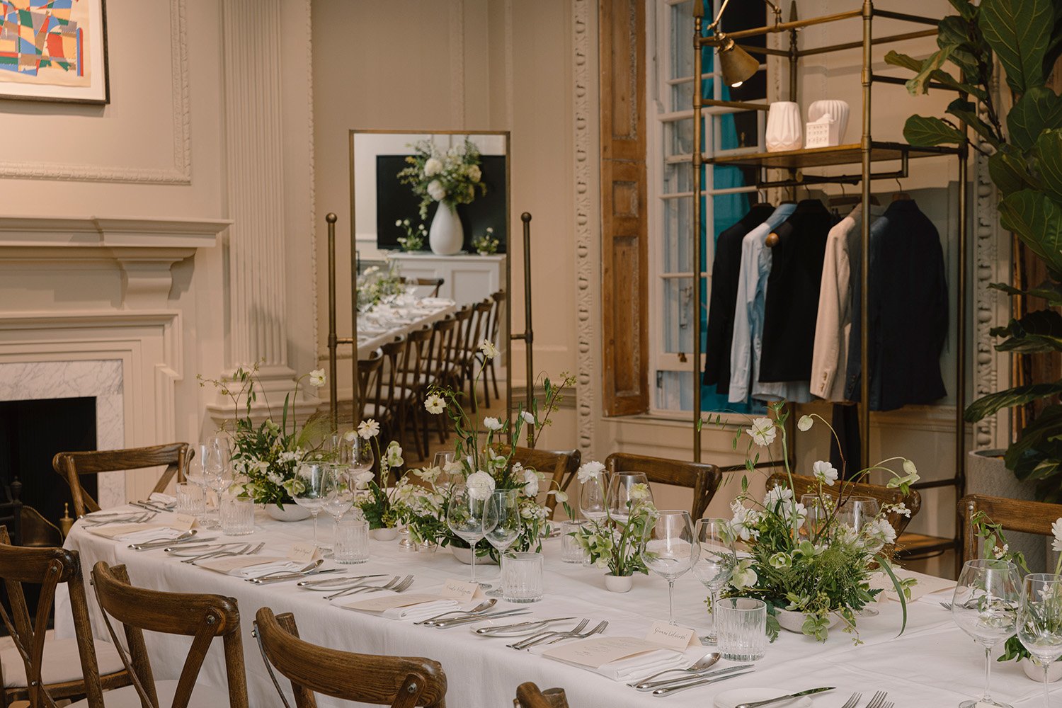 Table flowers in green and whites for Brand SS24 PR event Hackett.jpg