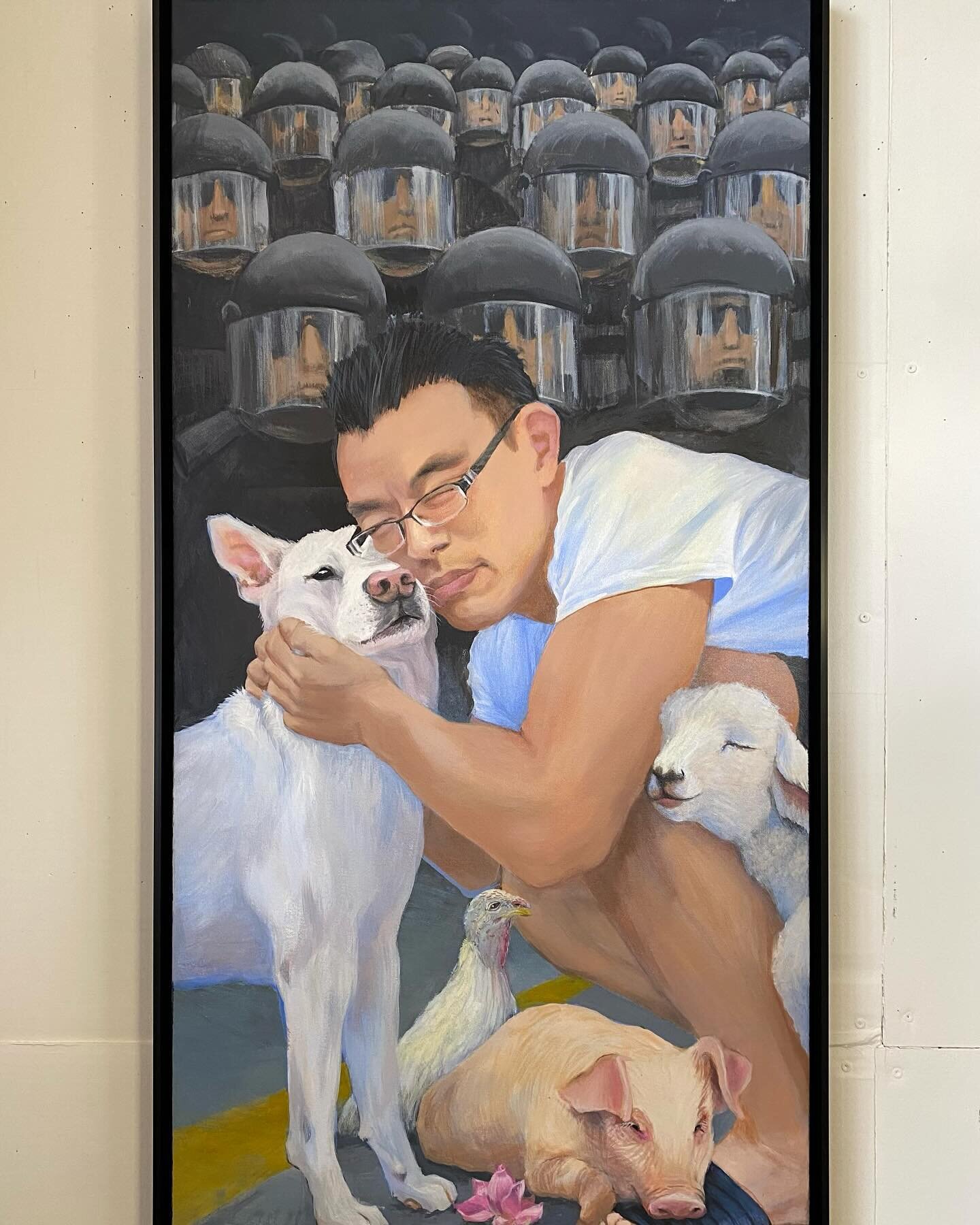 Threat of Compassion. 44x22&rdquo; acrylic on canvas. I wish for your good thoughts as I have submitted this to the Outwin competition at  Smithsonian National Portrait gallery. Riot Police encroach upon @waynehhsiung  as he tightly hugs his dear fri