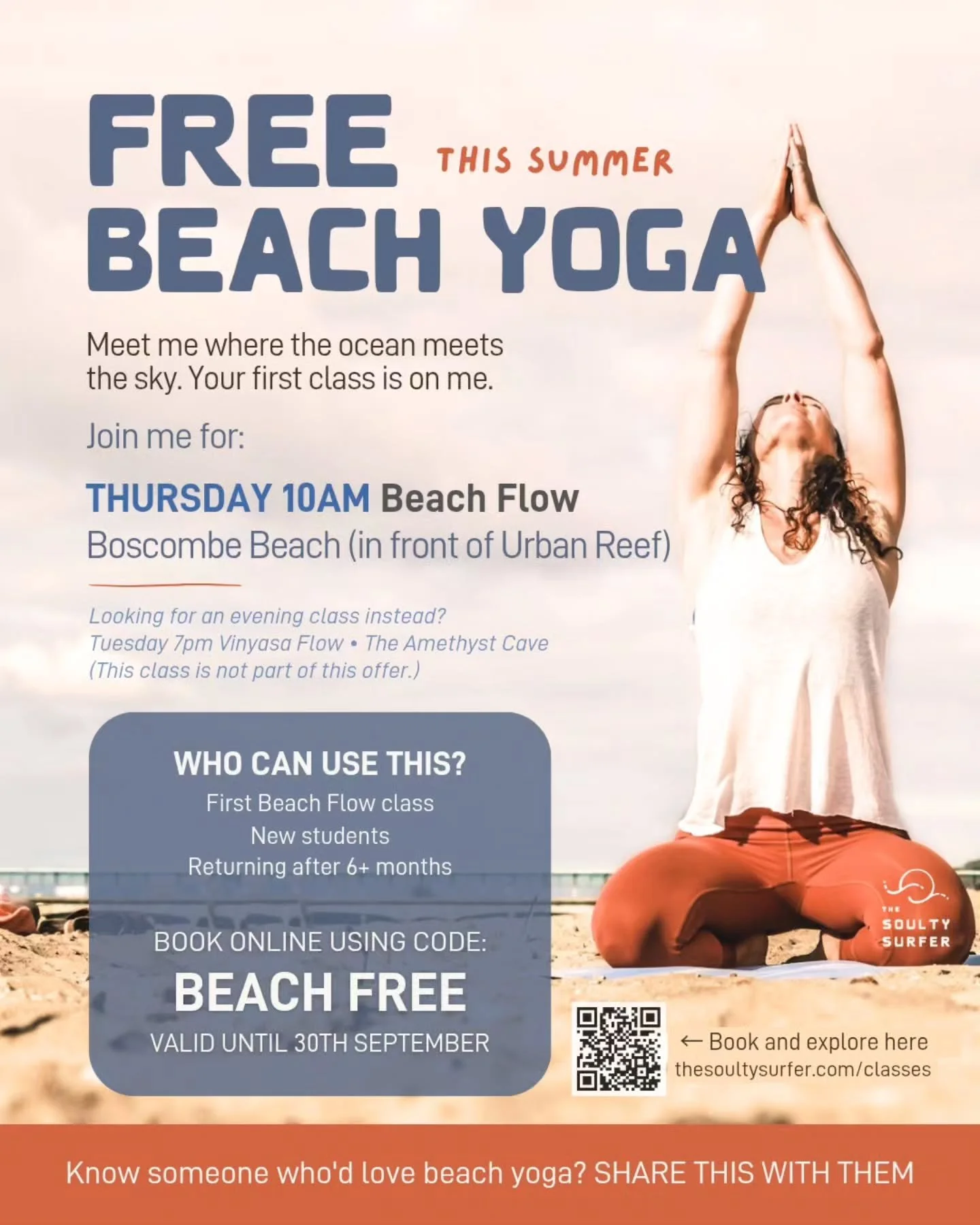 FREE BEACH YOGA THIS SEPTEMBER 🌊☀️

Fancy starting your Thursday by the sea? I'm offering your first Thursday Beach Flow completely free for the rest of August + September.

Expect grounding vinyasa, calming breathwork, ocean air and an optional sea