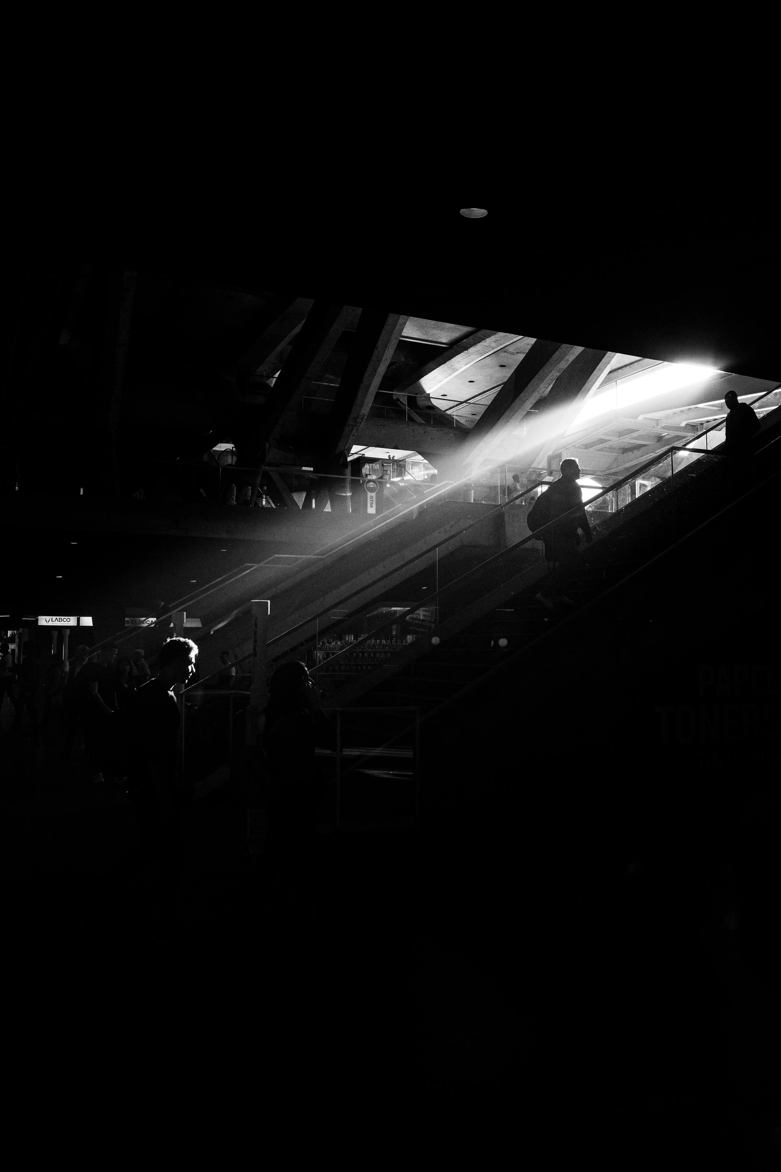 Schwarz-Weiß-Foto eines Bahnhofs oder Flughafens mit Menschen, die Treppen hinauf- und hinuntergehen, beleuchtet von Sonnenstrahlen durch Fenster.