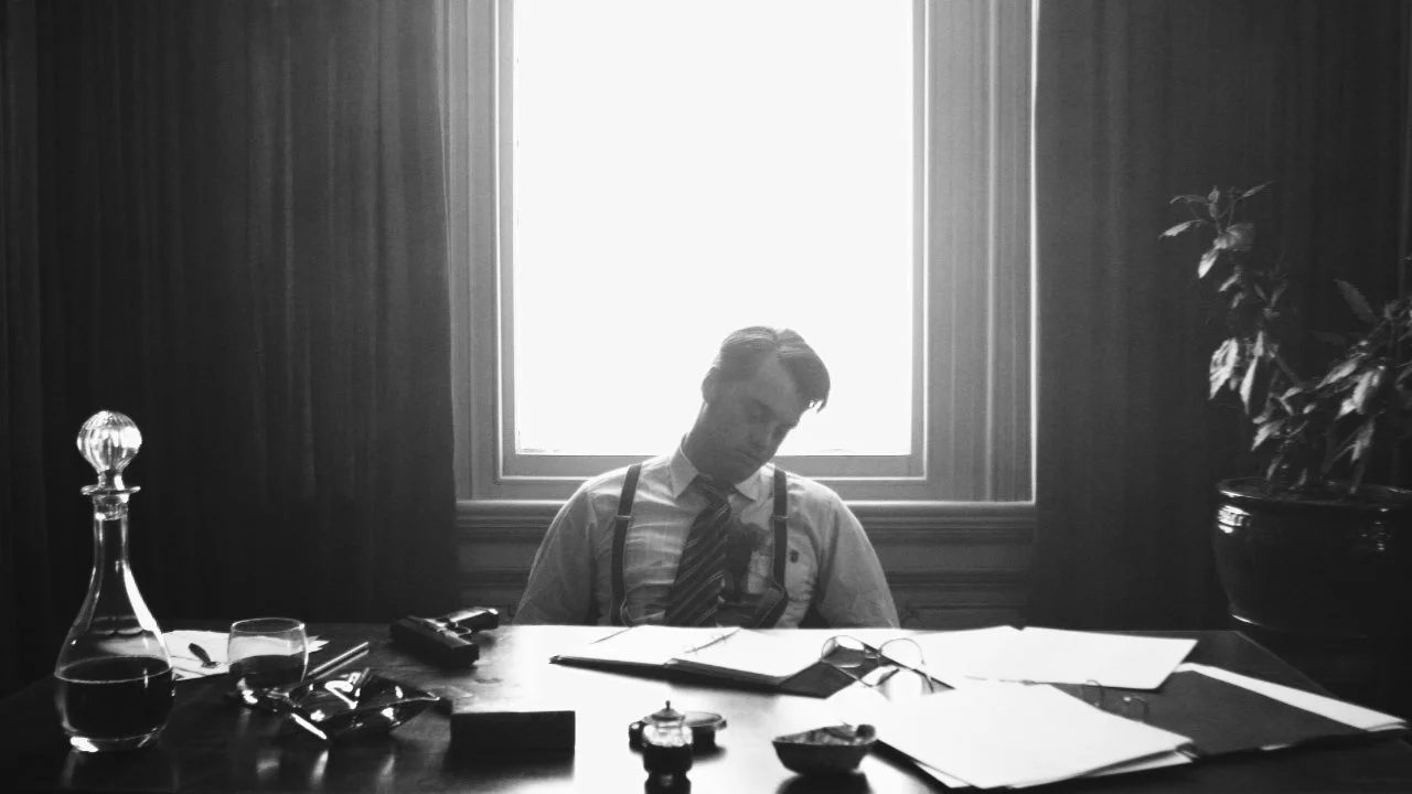 Ein Mann sitzt mit gesenktem Kopf an einem Schreibtisch vor einem Fenster mit natürlichem Licht. Der Schreibtisch ist mit verschiedenen Gegenständen und Papieren bedeckt.