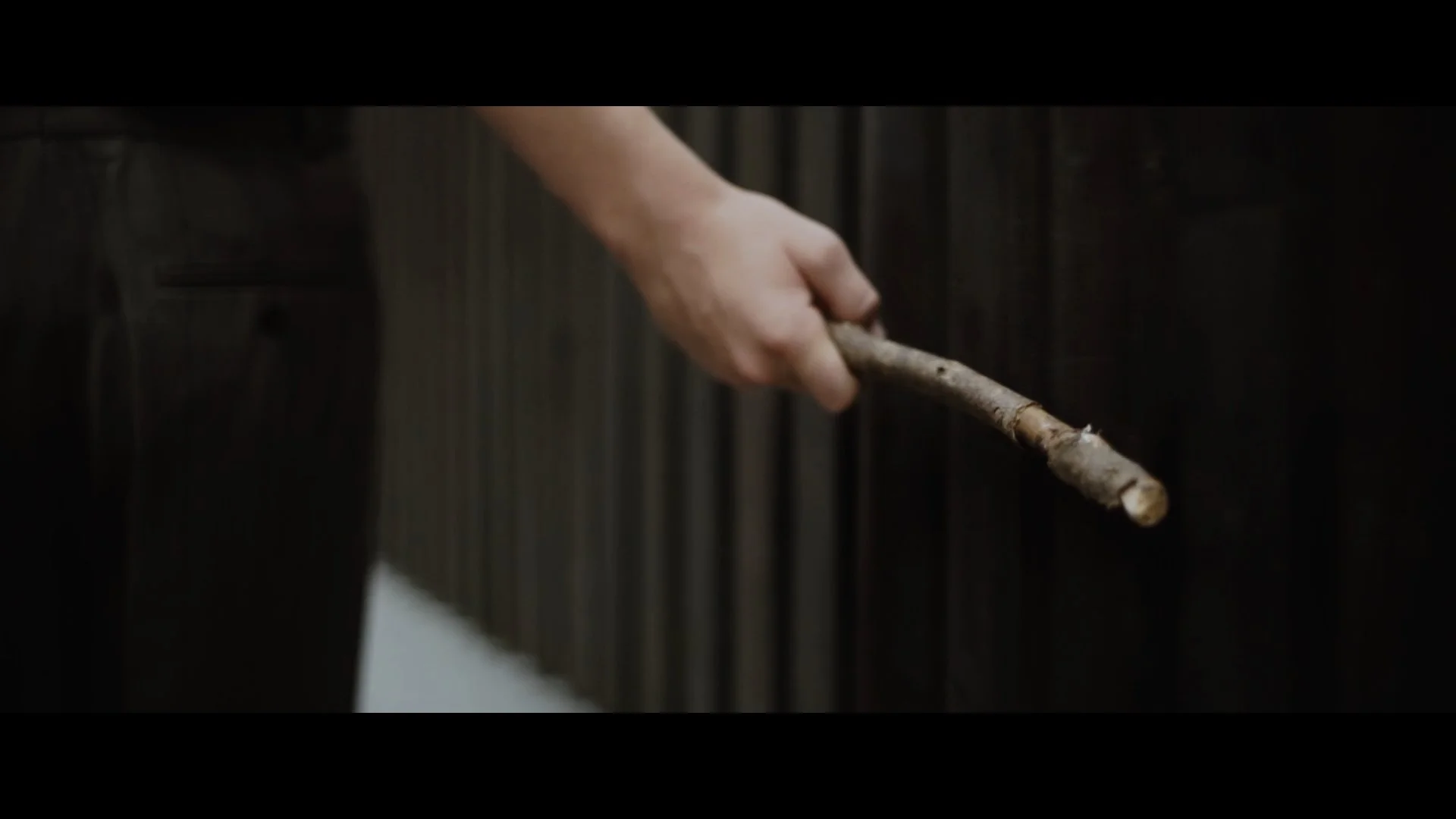 Hand, die einen Holzstock vor einer dunklen Holzvertäfelung hält.