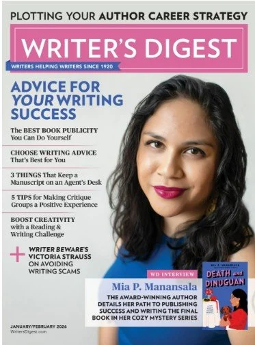 magazine cover with masthead Writer's Digest, a woman on the cover from shoulders up wearing a blue top