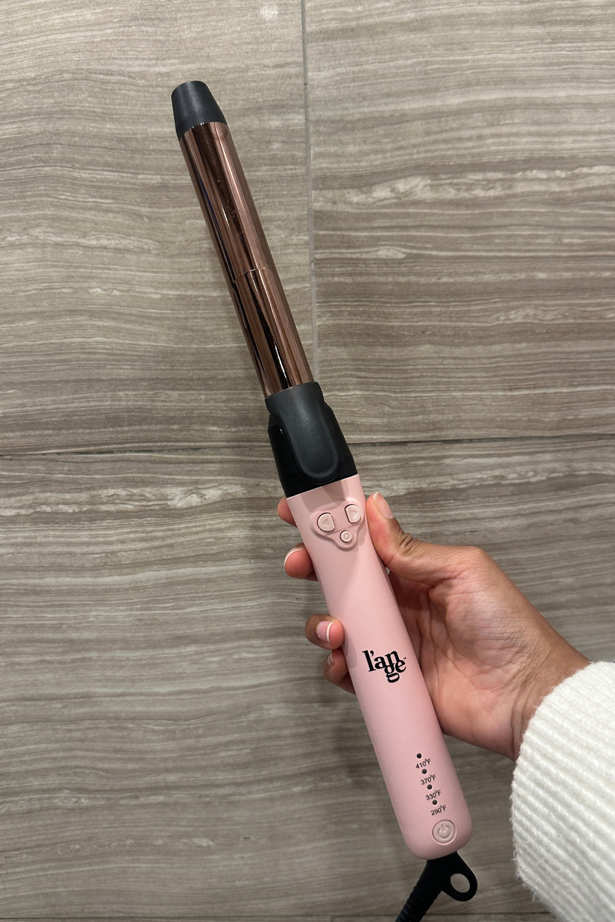 Woman with L'ANGE Le Pirouette 32MM Titanium Rotating Curling Iron