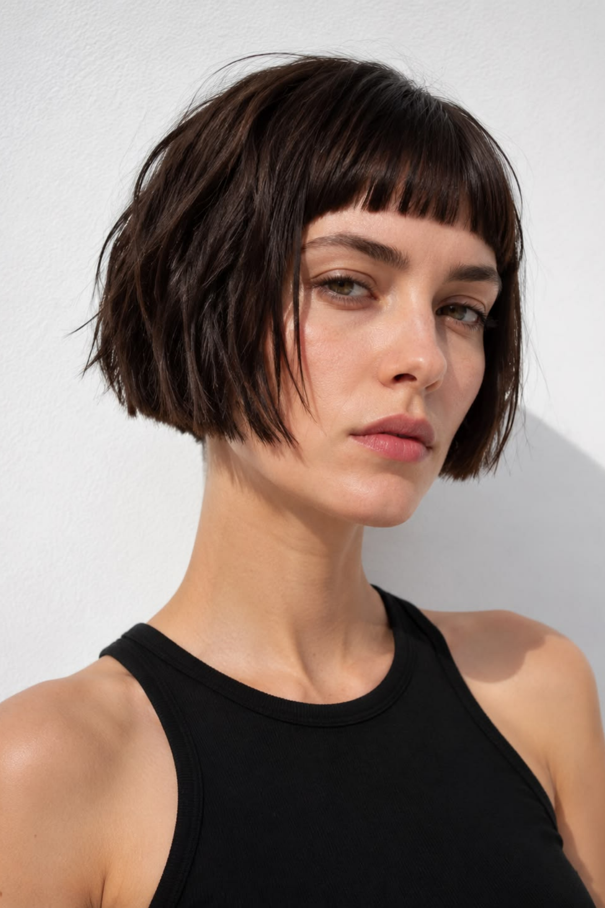 Micro bob with blunt baby bangs, both lines cut sharp