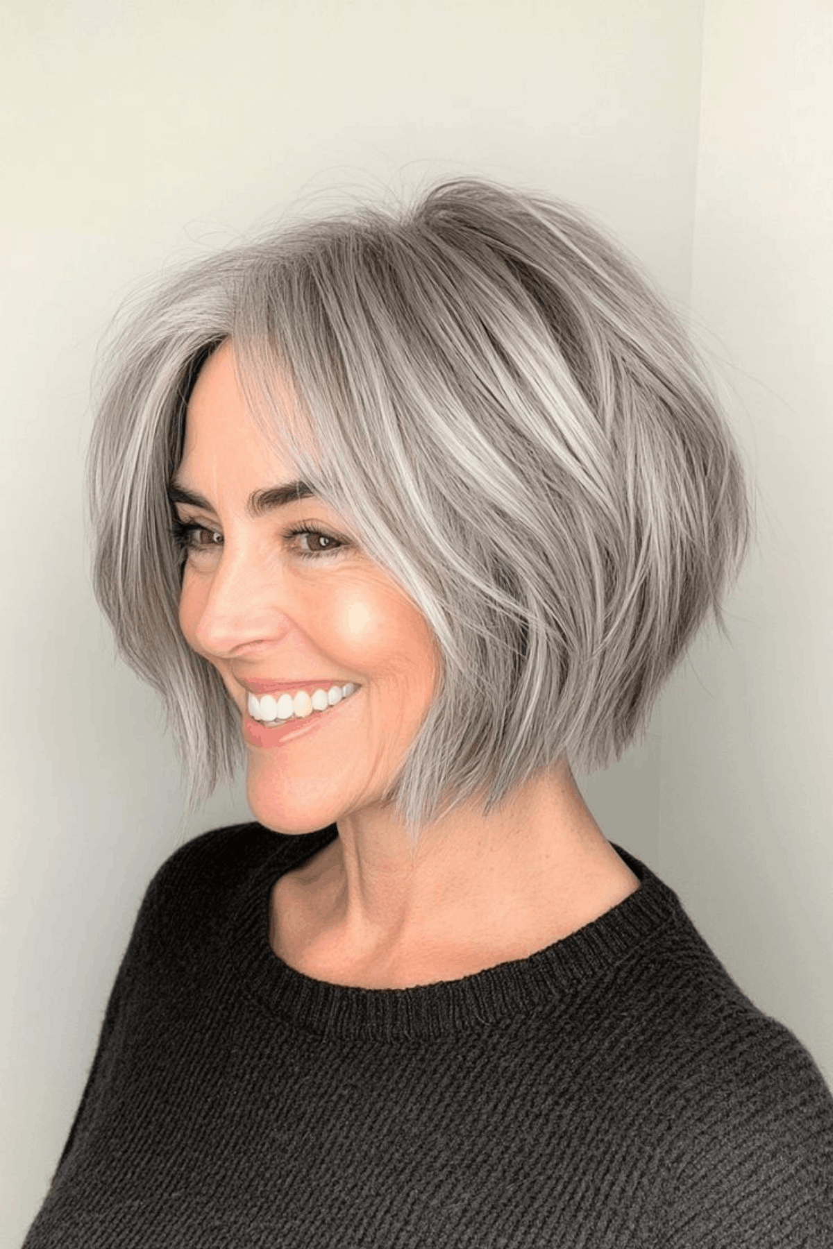 Side profile of a woman with a silver short layered bob for women over 50, styled with soft volume and textured layers around the jawline.