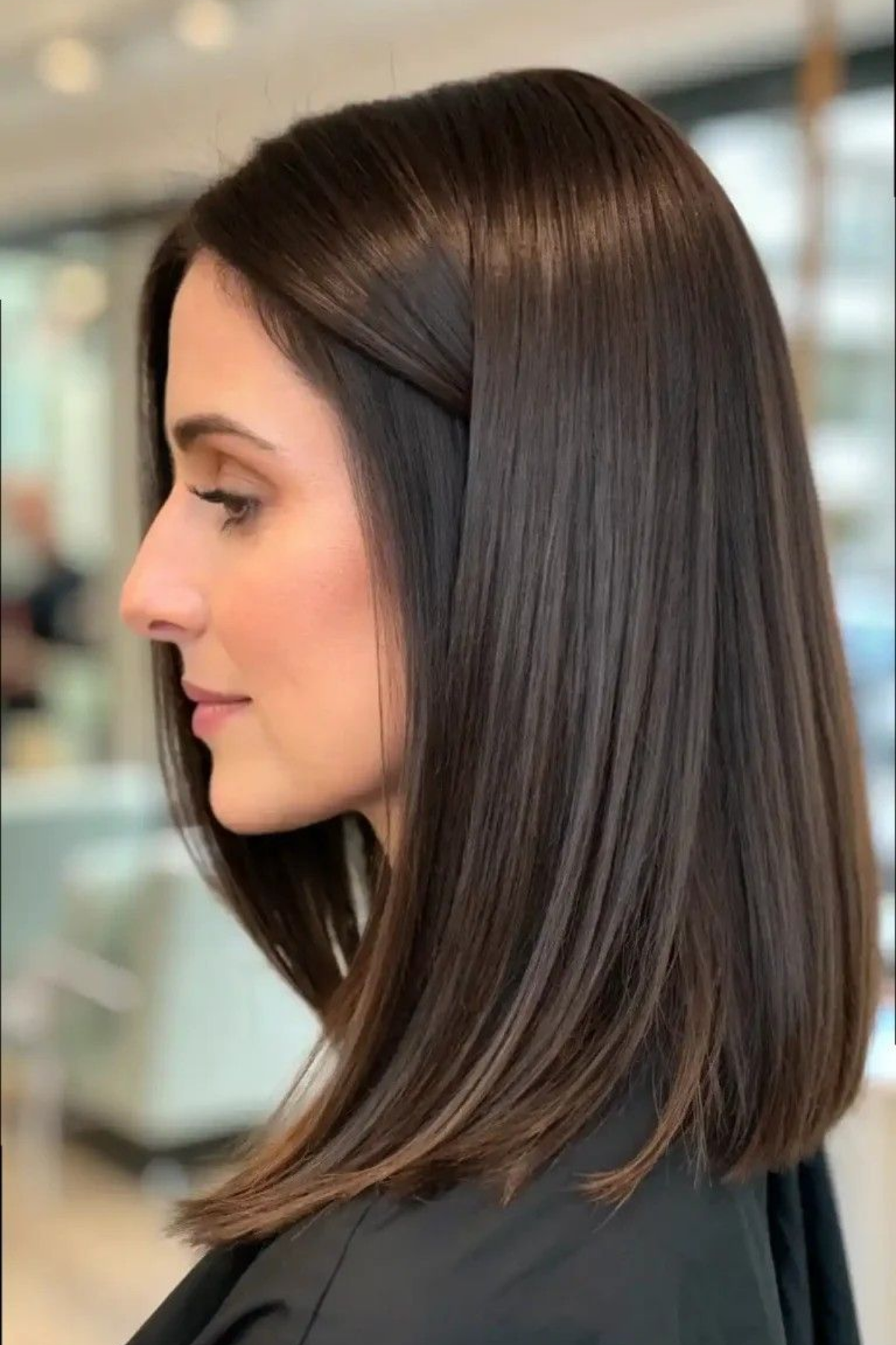 blunt one-length lob on thick straight hair, glass-sleek finish