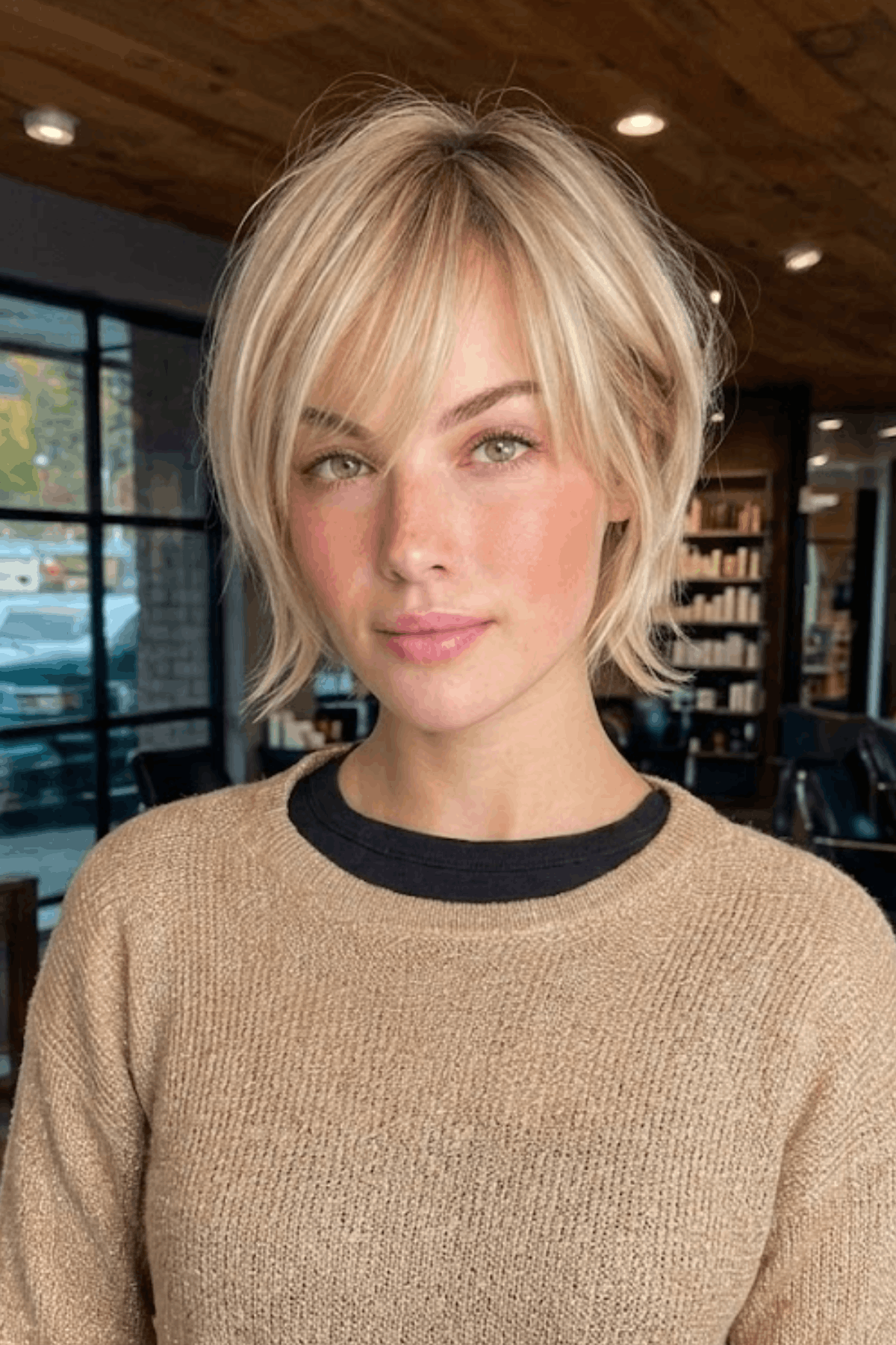 Portrait of a woman with a blonde short layered bob with side-swept fringe, featuring light layers and a soft face-framing bang.