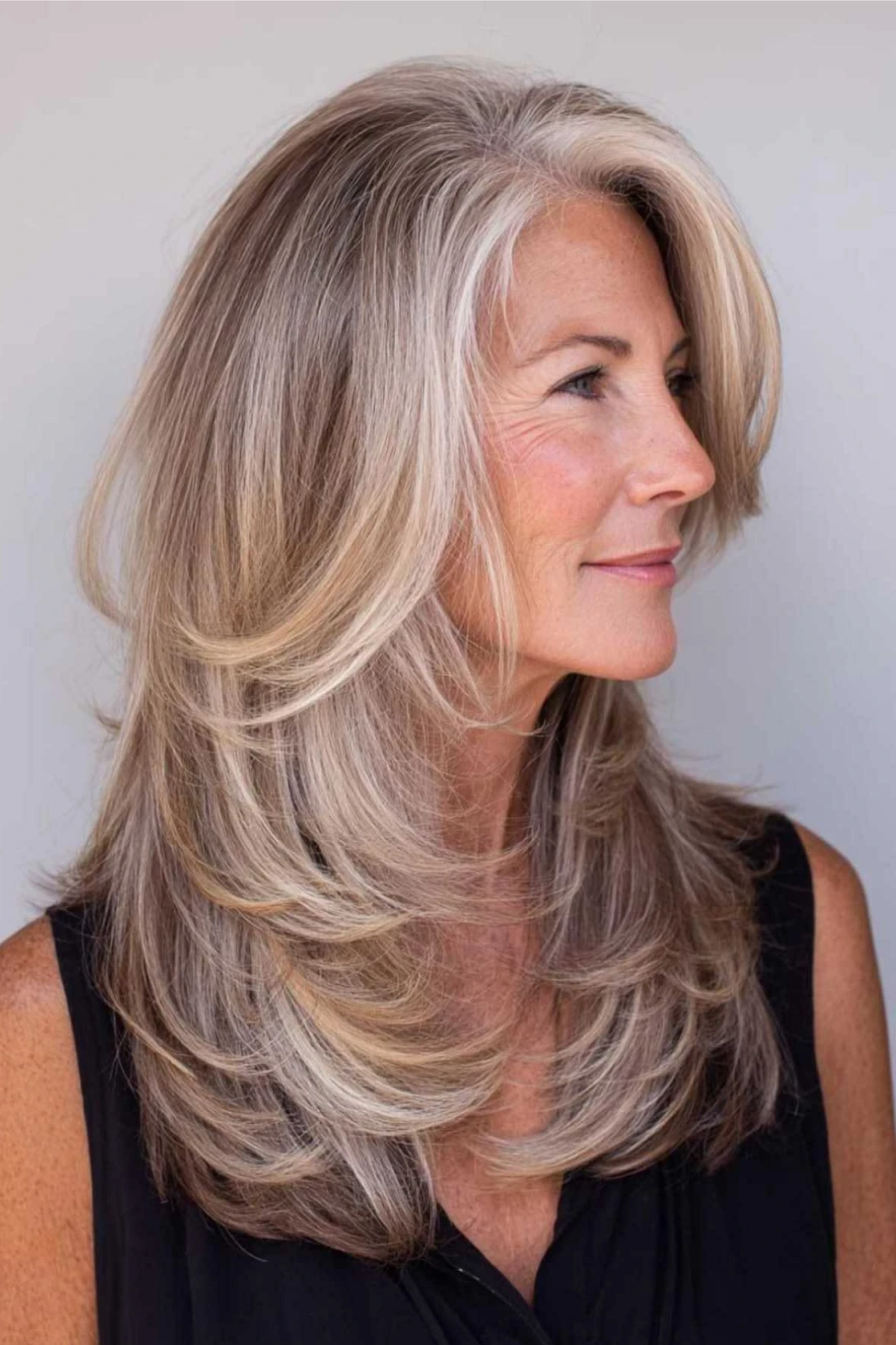 Butterfly haircut with a middle part on a woman in her fifties with thick honey-brown hair