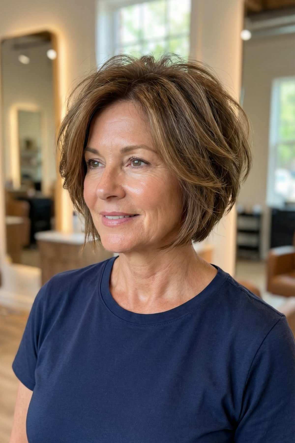 Soft layered chin bob with face-framing pieces on a woman in her fifties with grey at the temples