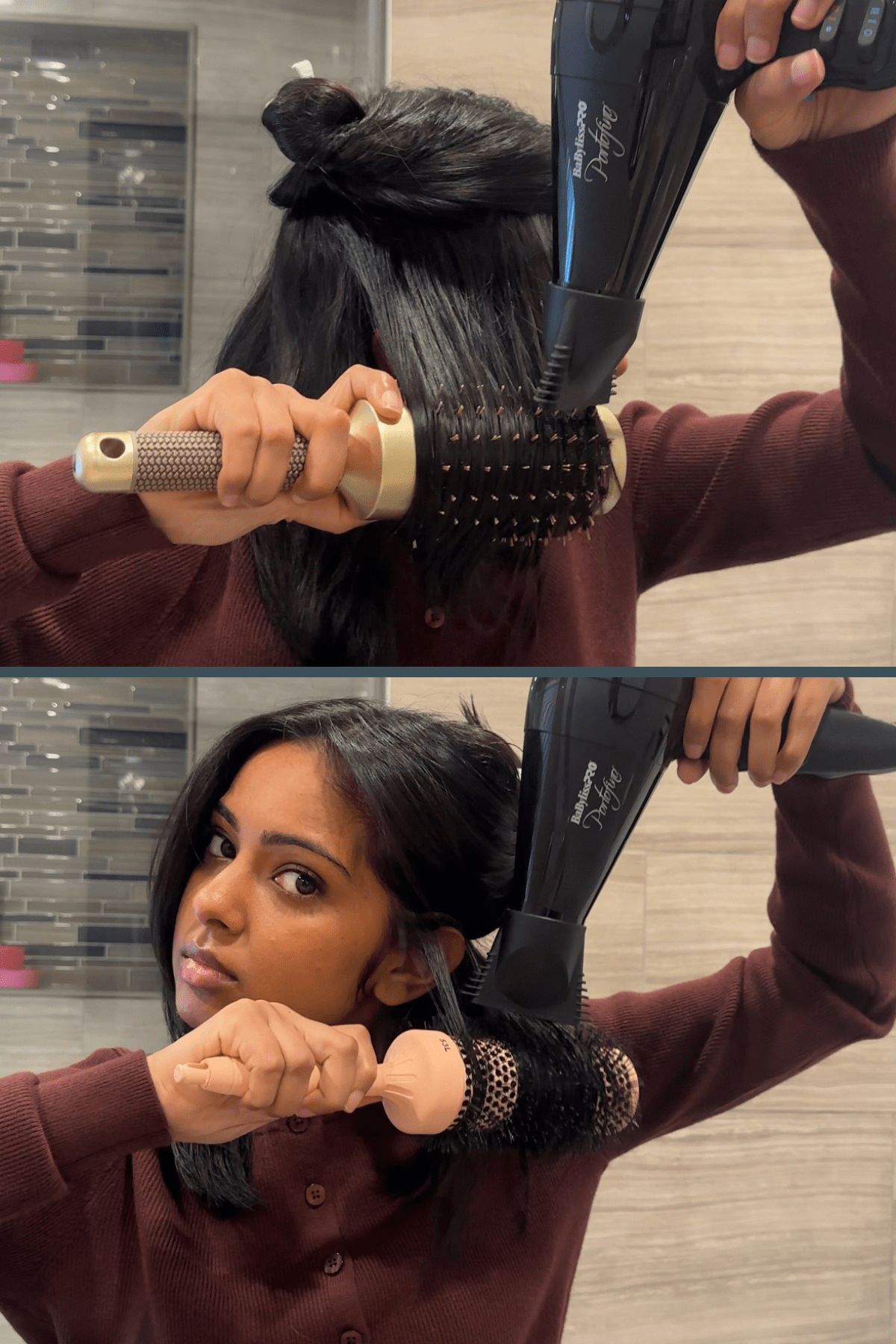 Jen using both Aimike brushes to blow out her hair with side by side comparison of the brushes