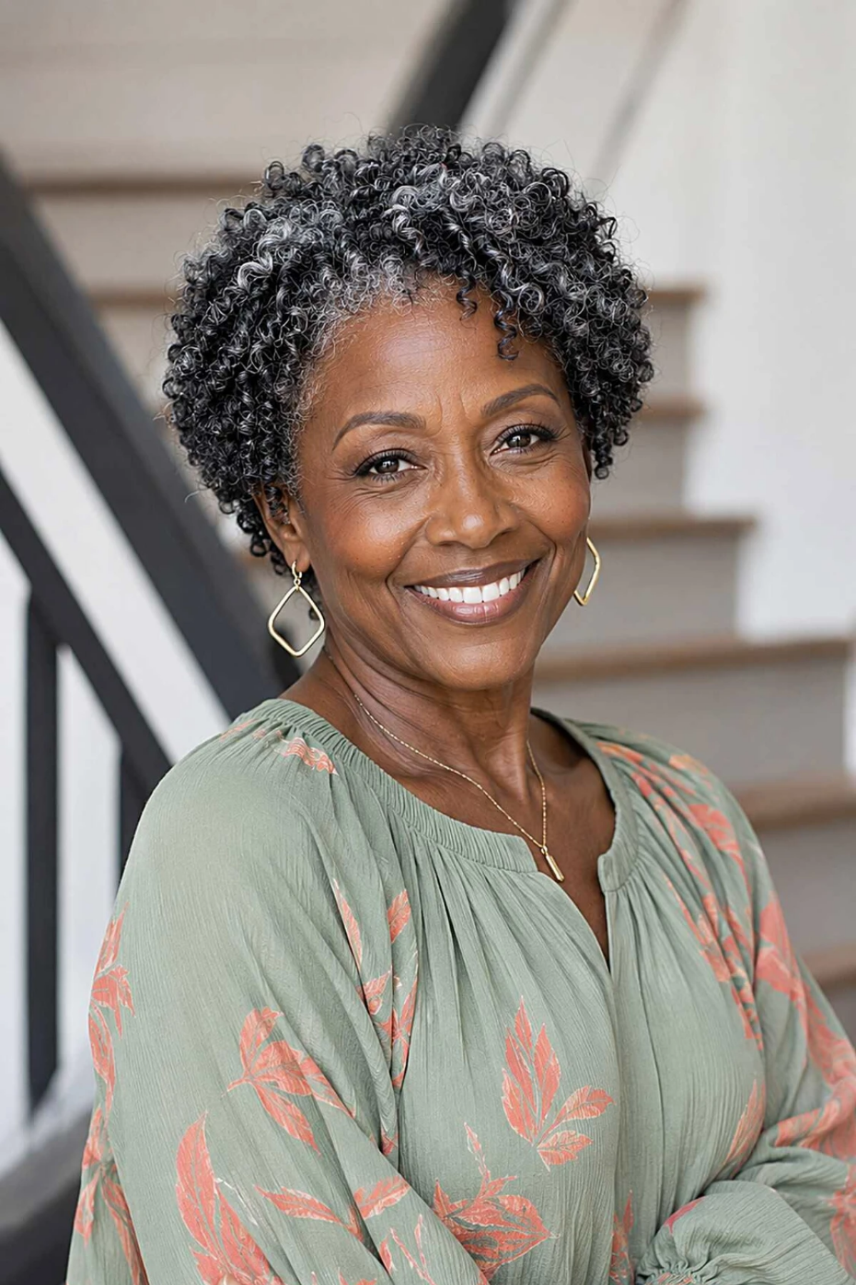 Layered curly cut, shorter at the back, on thick coily grey hair