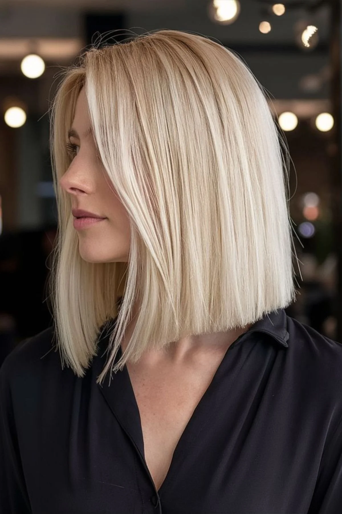 Woman featuring a Straight Blunt Bob with Sharp Center Part, defined by sleek strands and a precise middle parting.
