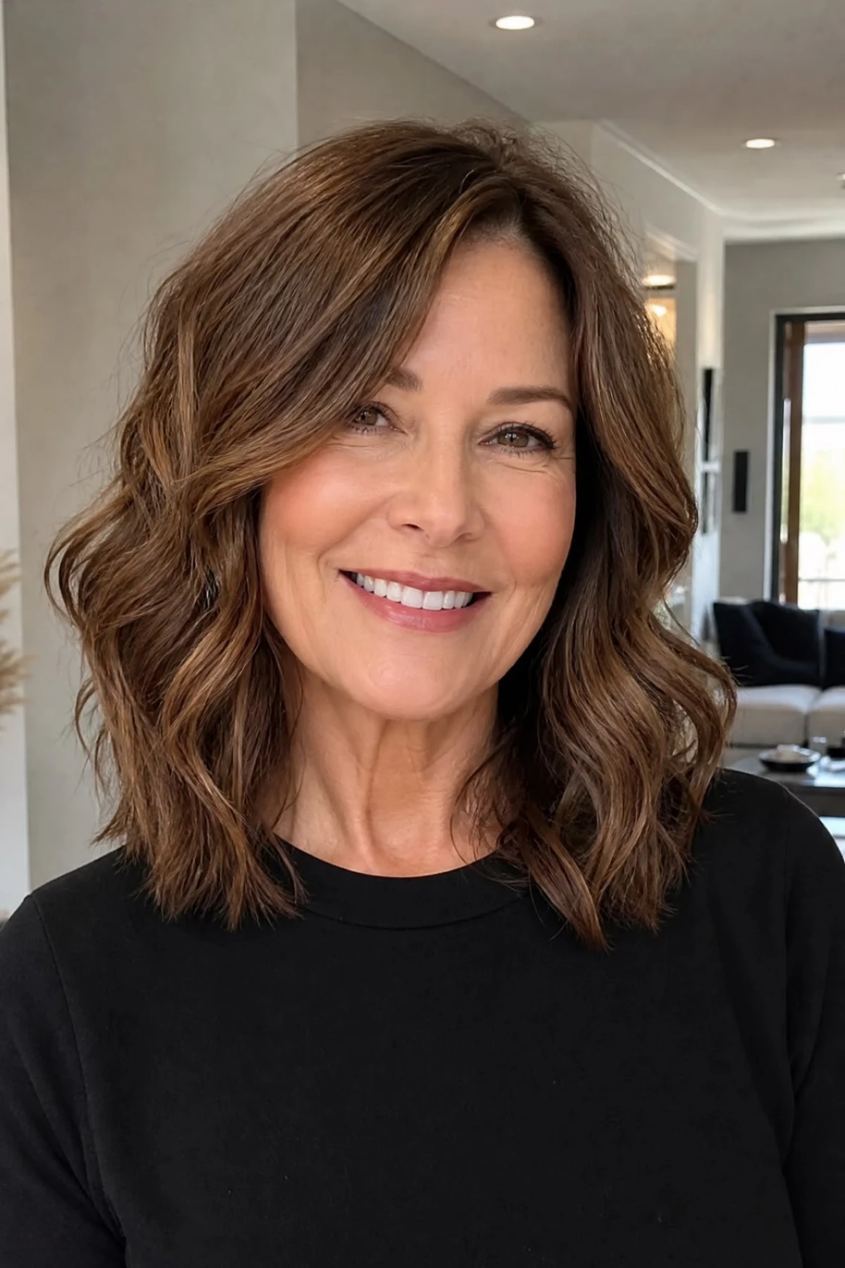 Collarbone-length haircut with internal layers on thick wavy dark-blonde hair