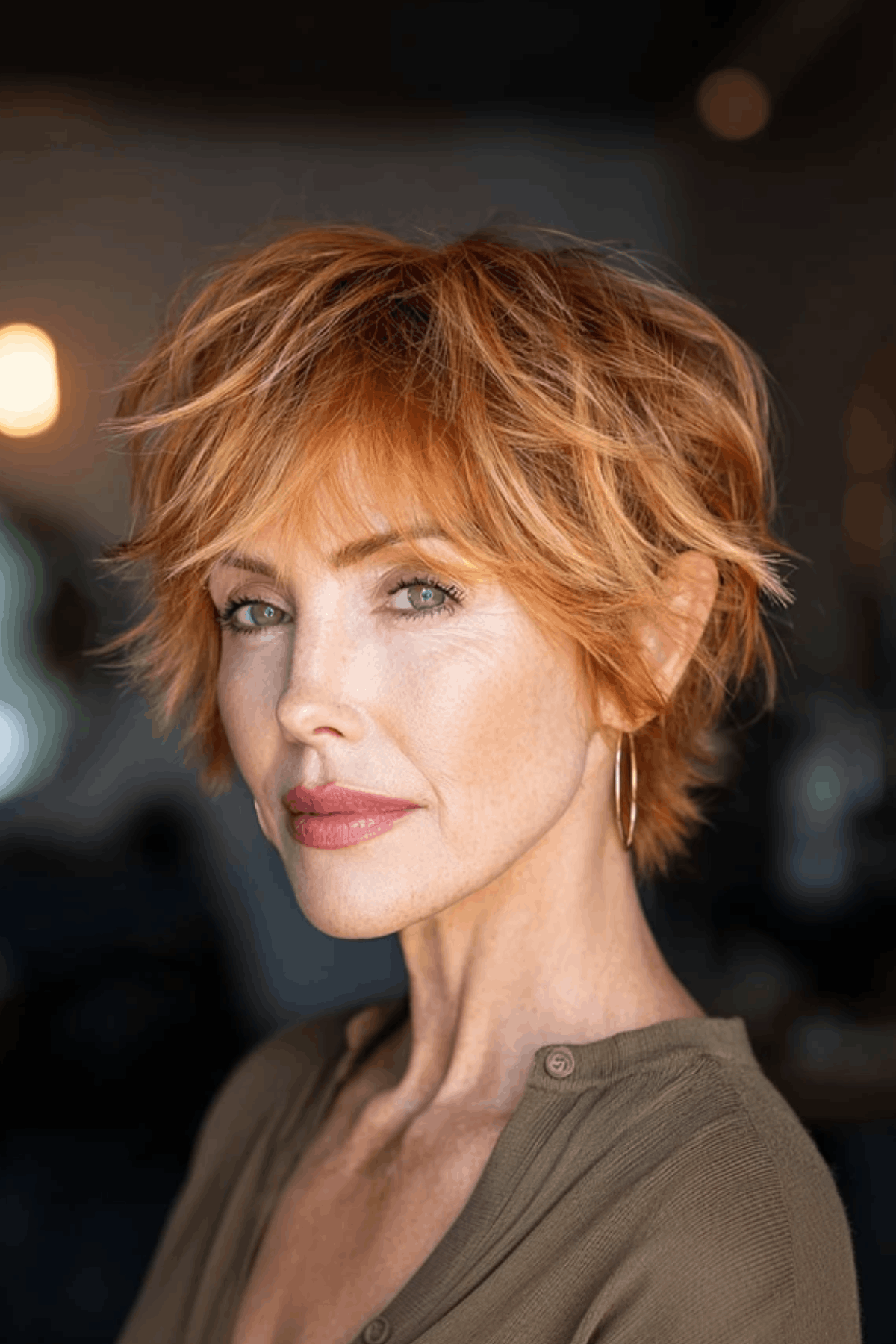 Portrait image of a woman with a textured, short layered pixie haircut in a warm copper tone, highlighting how short hair frames facial features.