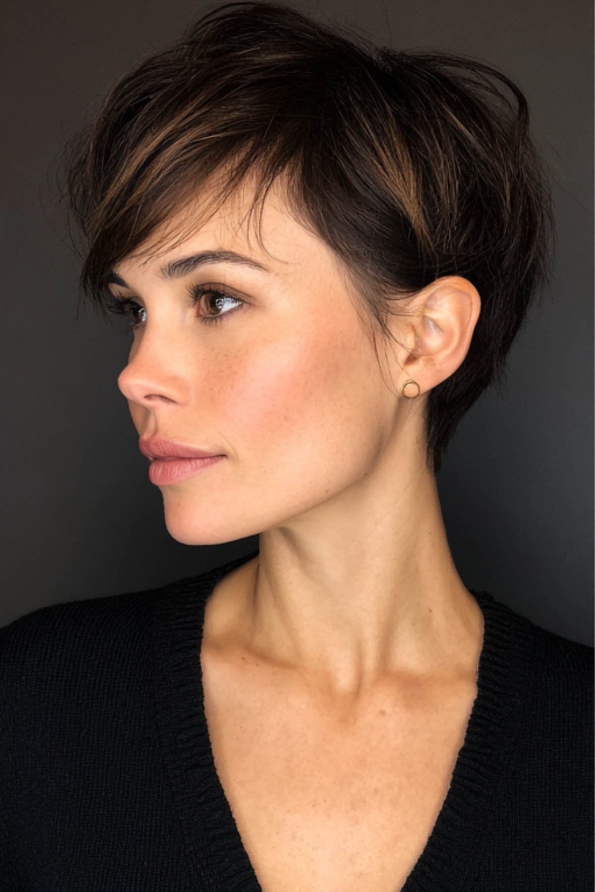 Side-profile image of a person wearing Piecey Long Pixie with Undone Finish, defined by separated, piecey layers and a relaxed, slightly tousled texture.