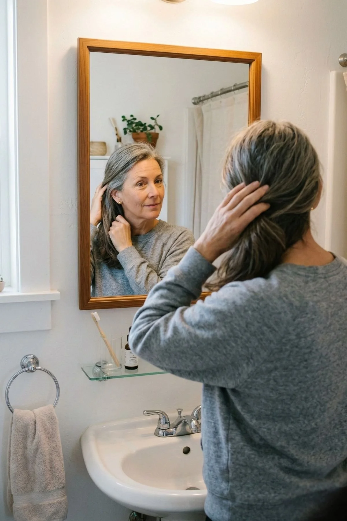 An old lady standing in front of the mirror