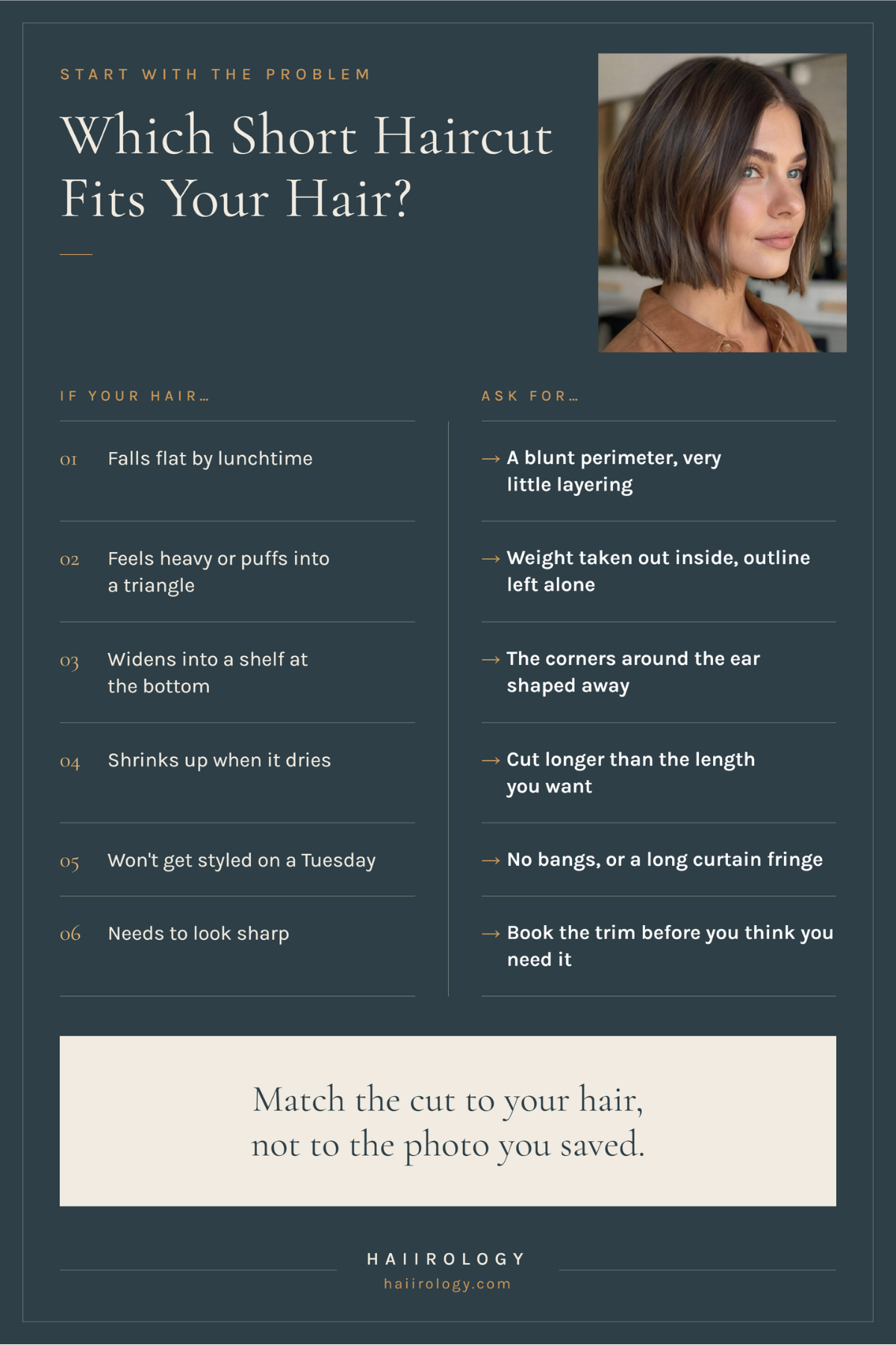 Chart matching common hair problems to the short haircut feature that fixes each one