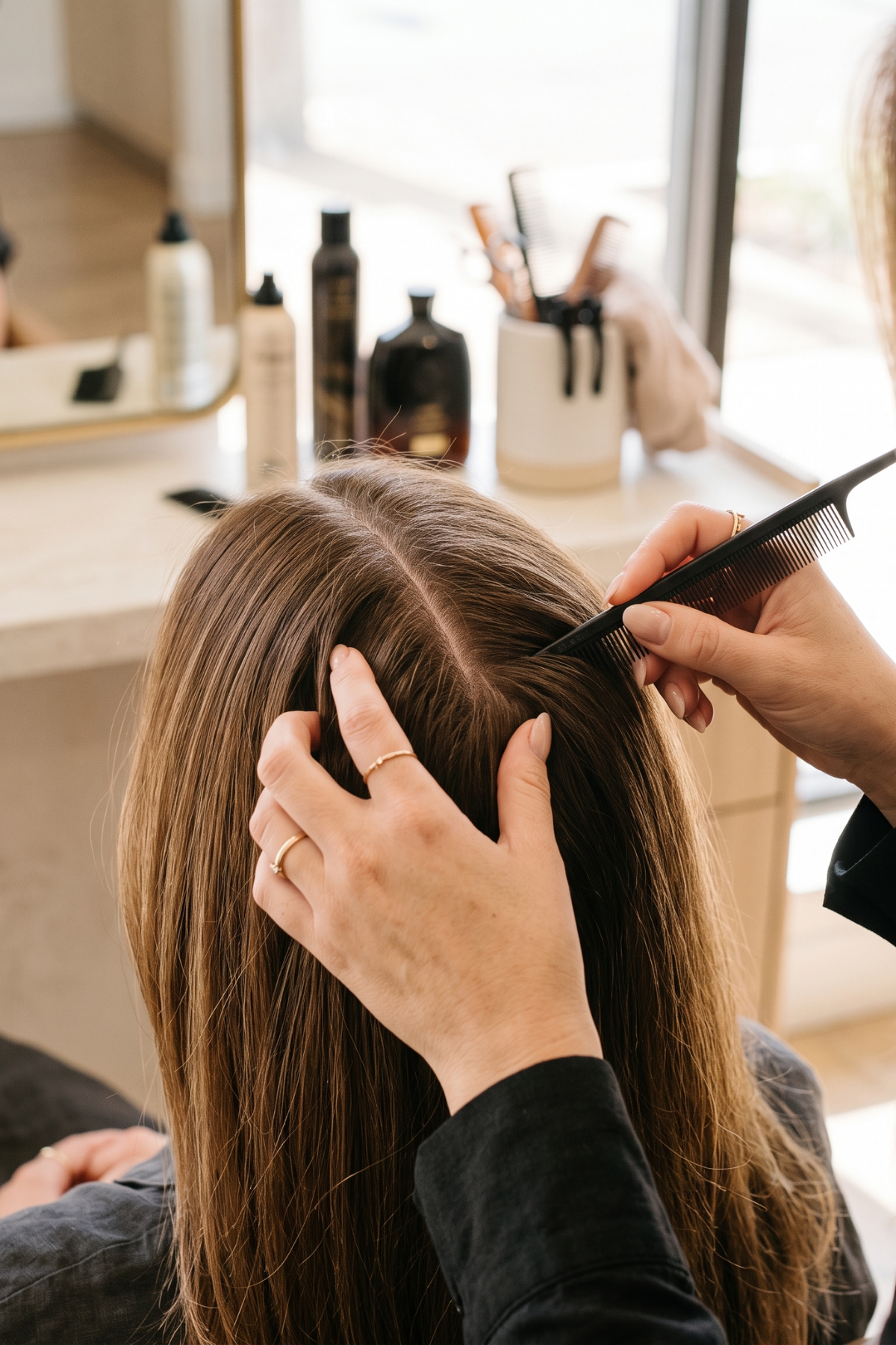 A stylist examining the hair of a client to see the hair damage