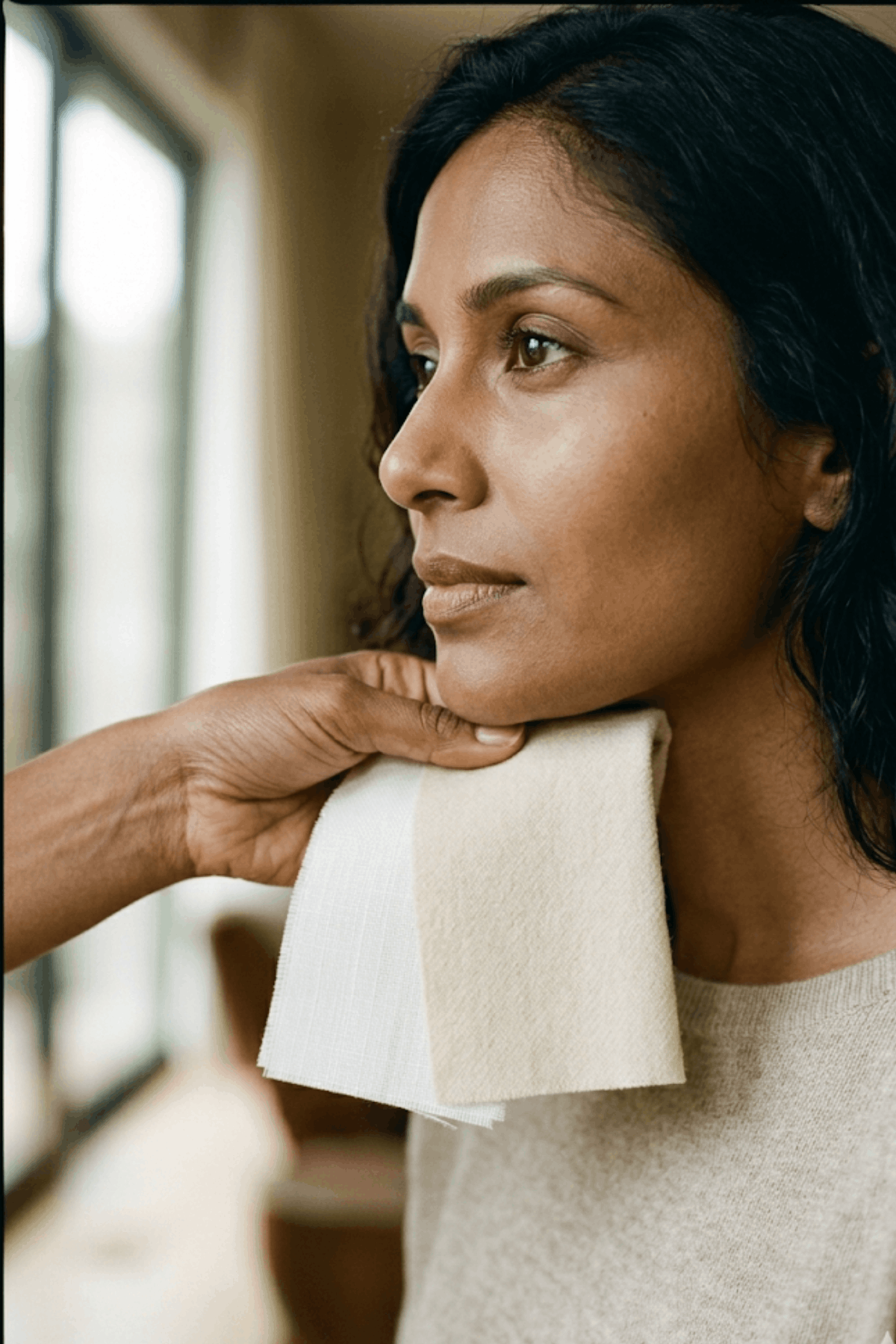 Women holding fabric to her face