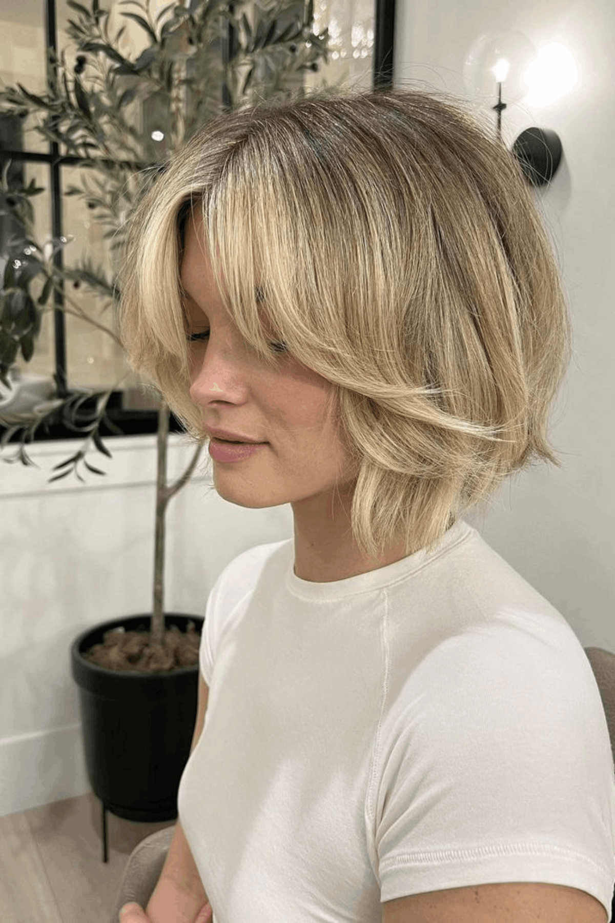 Side view of a blonde butterfly bob haircut, featuring layered volume and curtain-style front pieces.