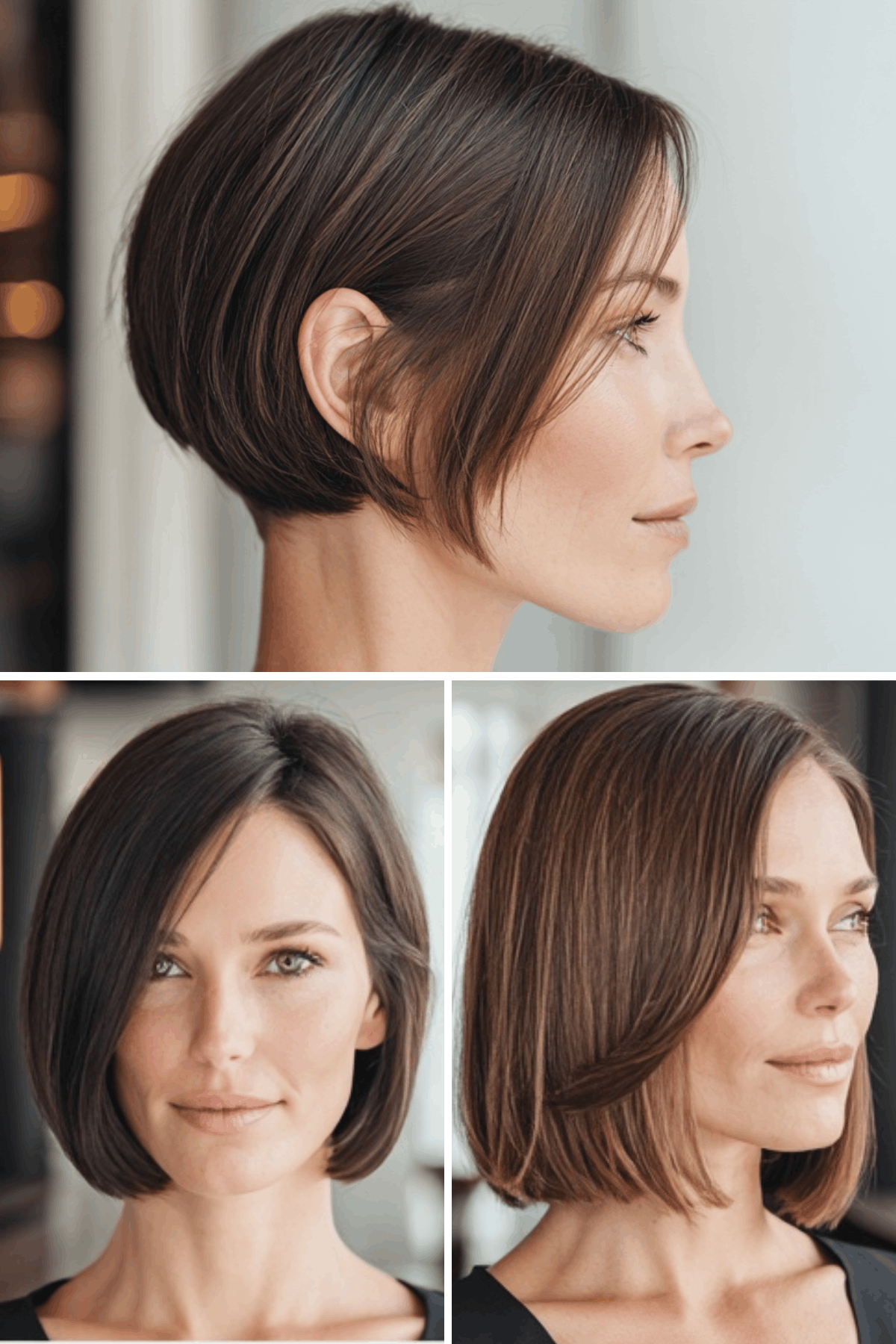 Collage image of three women showcasing short haircut variations, including a sleek bob, a softly layered bob, and a chin-length cut styled from different angles.