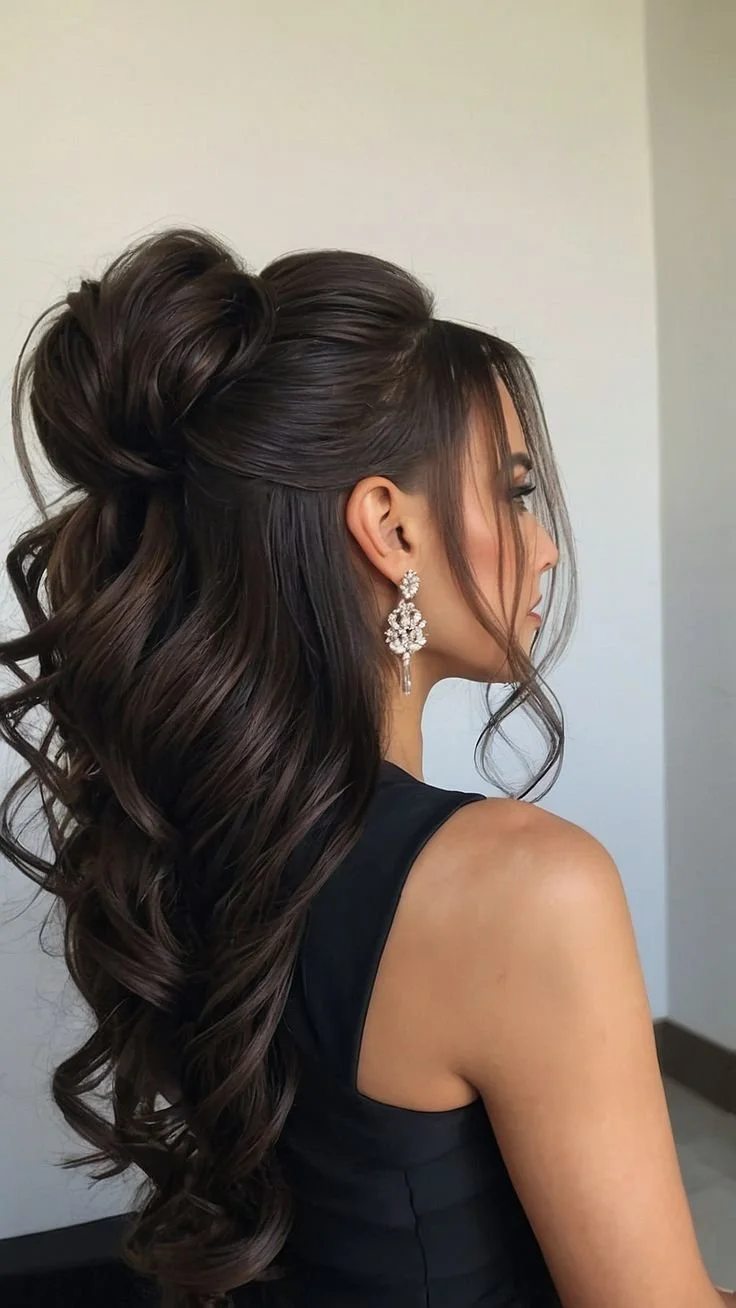 Elegant half-up bridal hairstyle with a lifted crown for a sophisticated look.