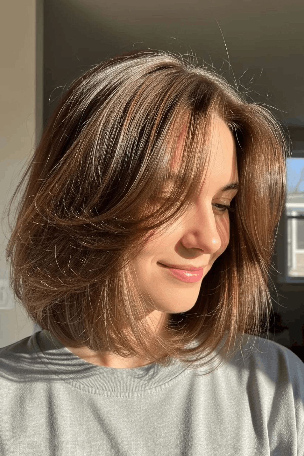 Side view of a woman with a chestnut medium layered bob, softly textured with natural volume and face-framing layers.